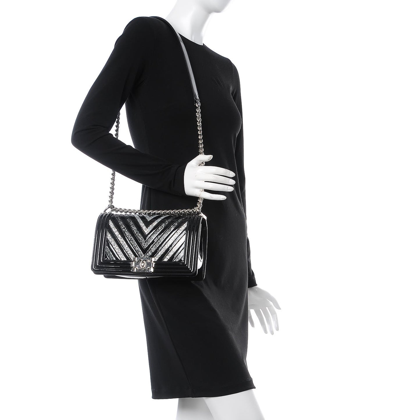Patent Glitter PVC Chevron Quilted Medium Boy Flap Black Silver