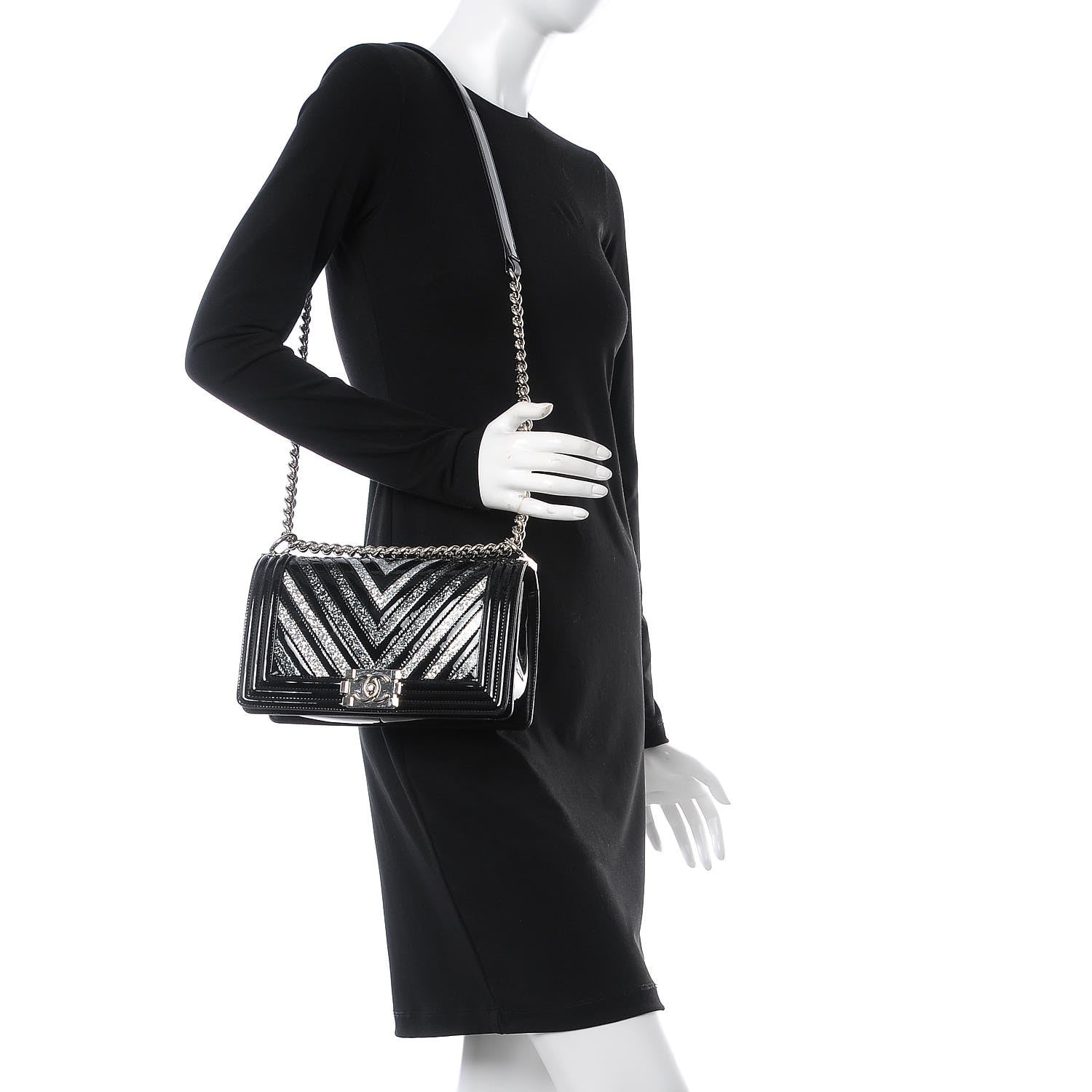 Chanel Patent Glitter PVC Chevron Quilted Medium Boy Flap Black Silver 2 of 7