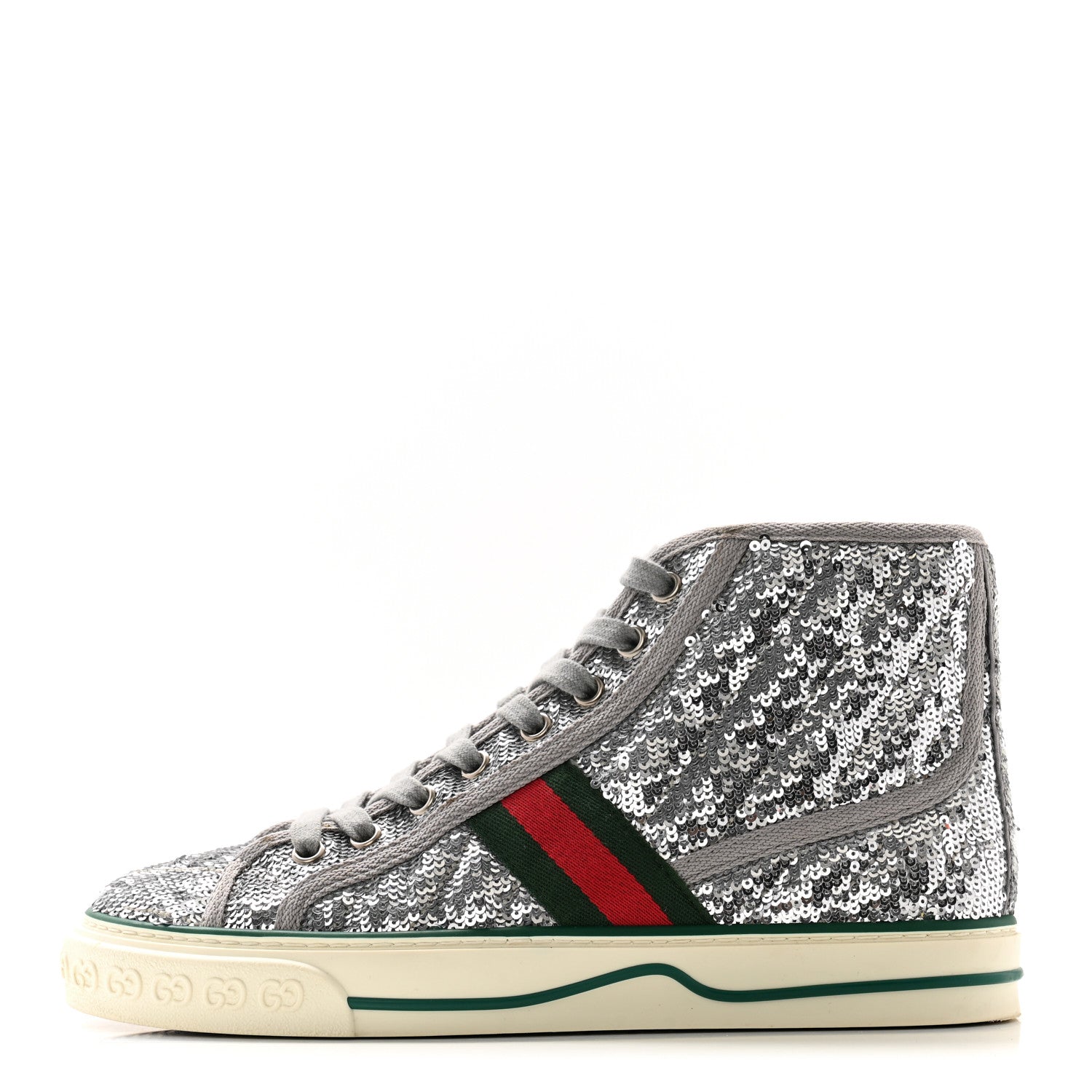 Gucci Sequin Web Matelasse Womens 1977 Tennis High Top Sneakers 37.5 Silver Light Grey 1 of 8