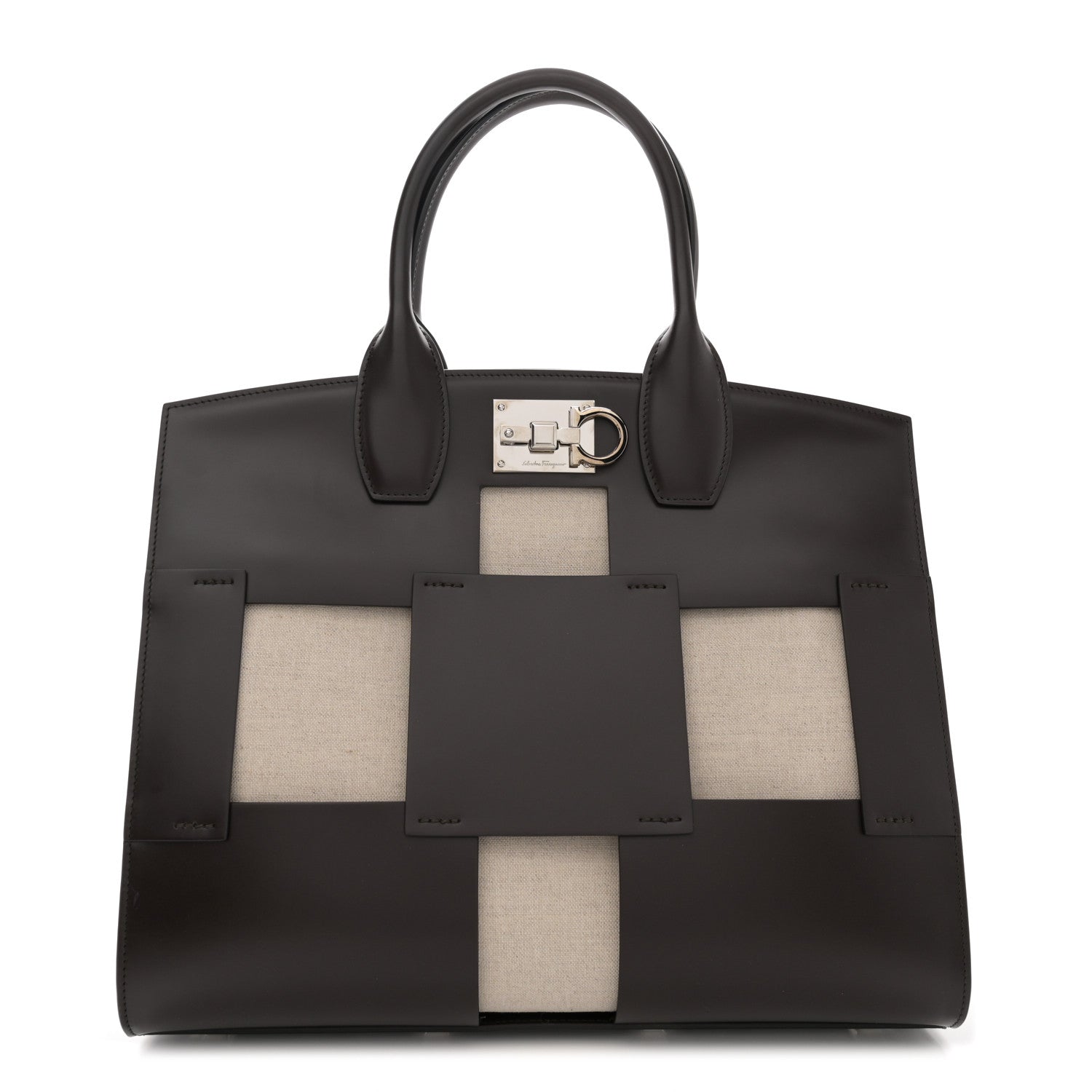 Salvatore Ferragamo Hickory Calfskin Canvas Cutout The Studio Box Bag Beige Brown 1 of 15