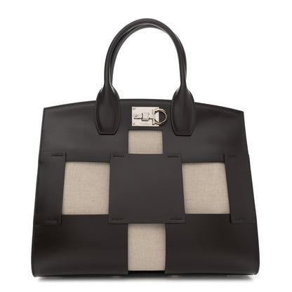Salvatore Ferragamo Hickory Calfskin Canvas Cutout The Studio Box Bag Beige Brown 1 of 15