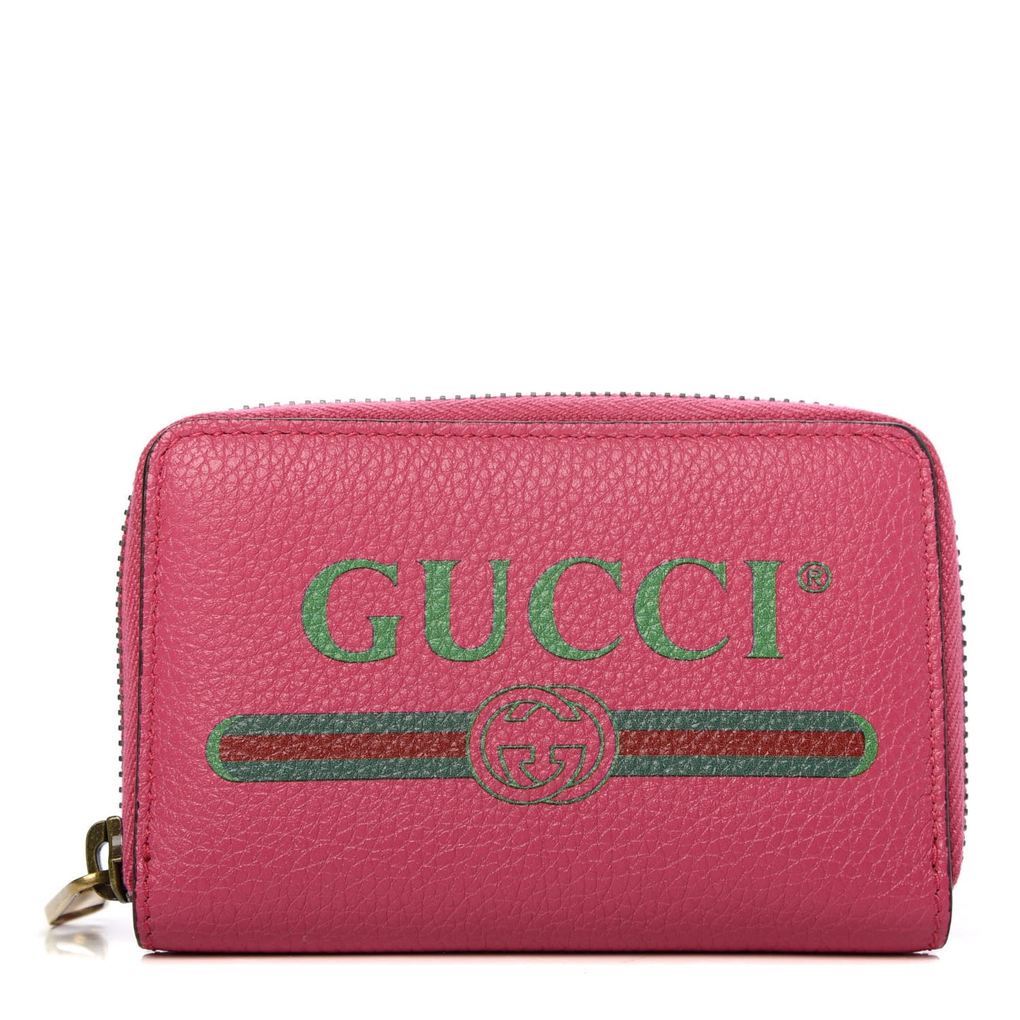 Grained Calfskin Logo Zip Around Card Case Box Pink Green