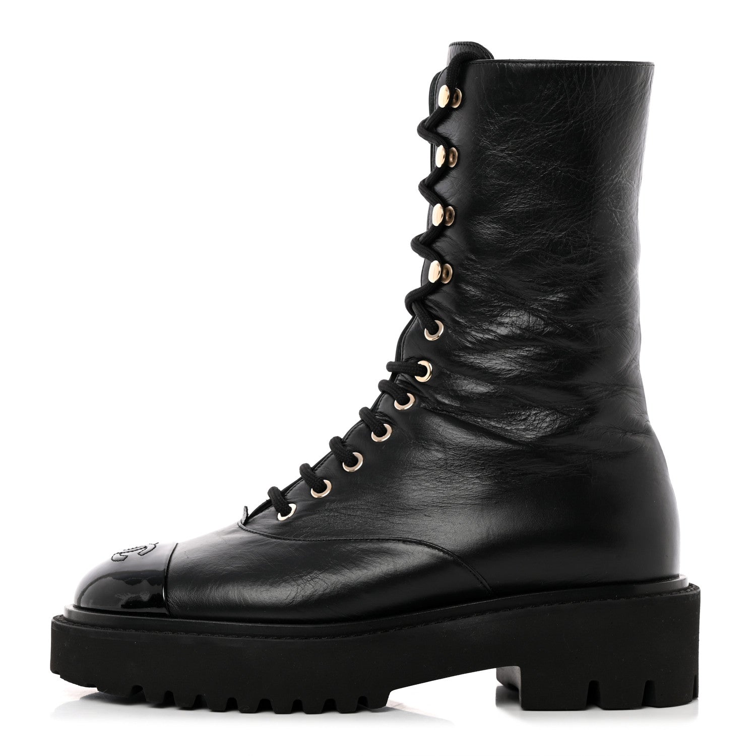 Chanel Crumpled Calfskin Patent Cap Toe Lace Up Combat Boots 38.5 Black 1 of 10
