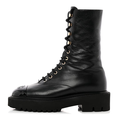 Chanel Crumpled Calfskin Patent Cap Toe Lace Up Combat Boots 38.5 Black 1 of 10