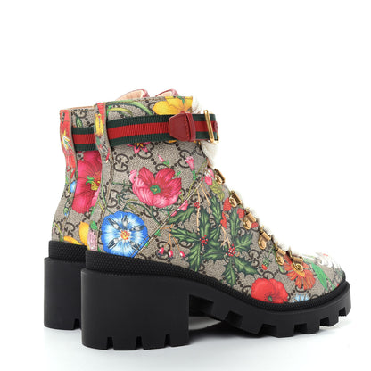 Gucci GG Supreme Monogram Flora Lace Up Combat Ankle Boots 36.5 Beige Multicolor Red 4 of 11