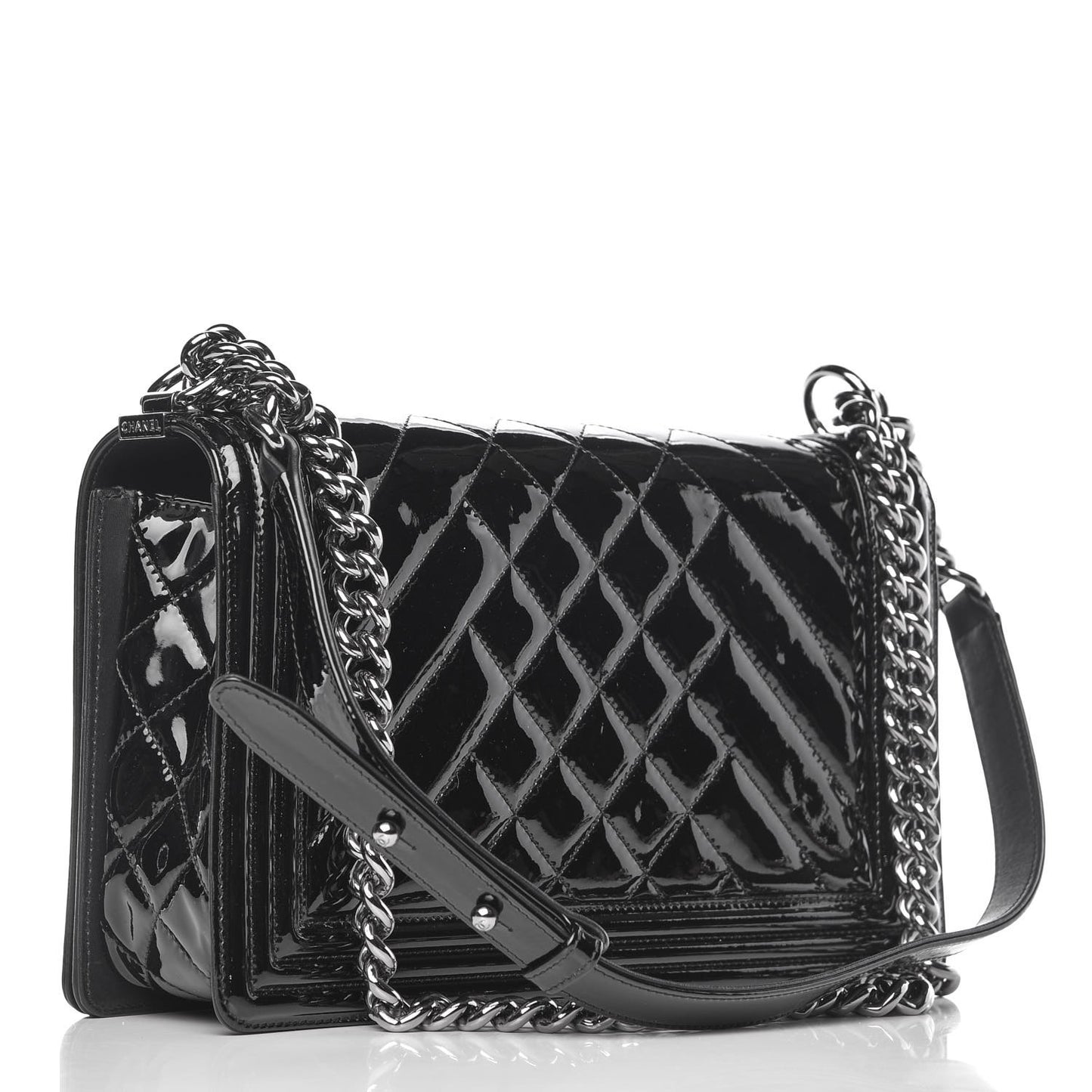 Patent Chevron Quilted New Medium Boy Flap Black