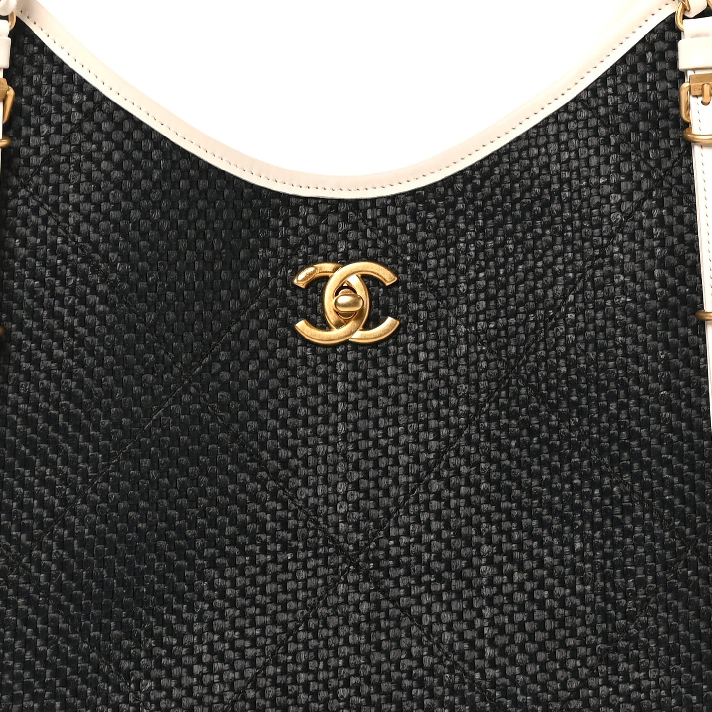 Calfskin Raffia Braided Small Shopping Tote Black White