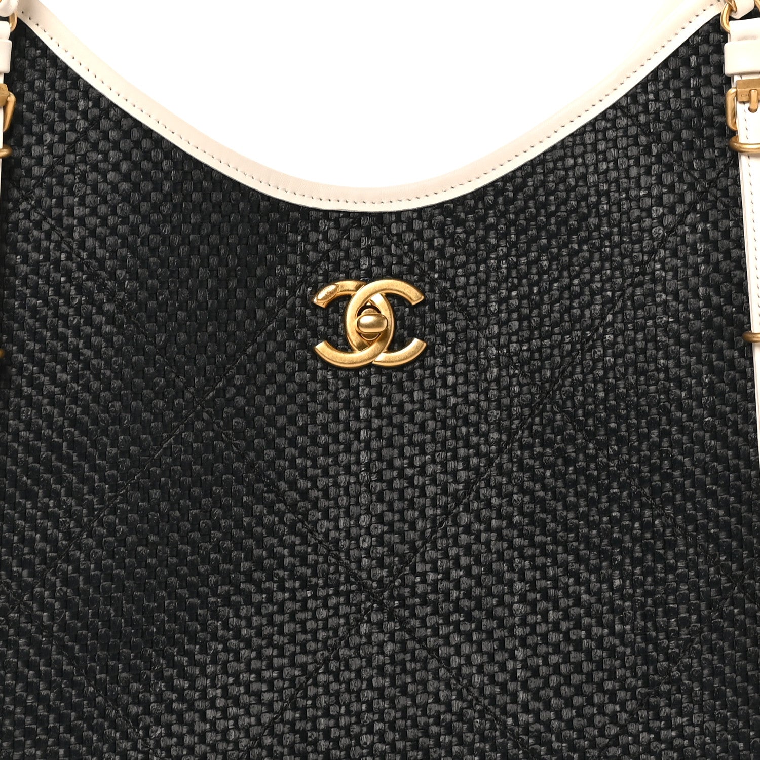 Chanel Calfskin Raffia Braided Small Shopping Tote Black White 9 of 11