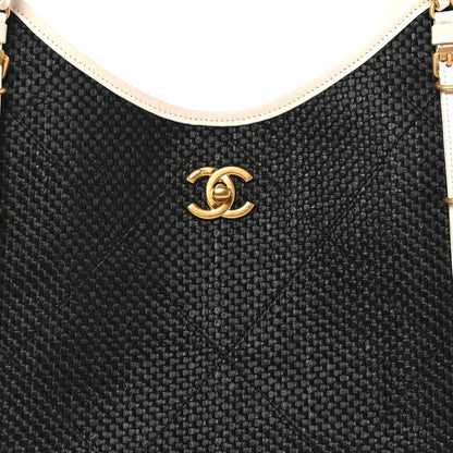 Chanel Calfskin Raffia Braided Small Shopping Tote Black White 9 of 11