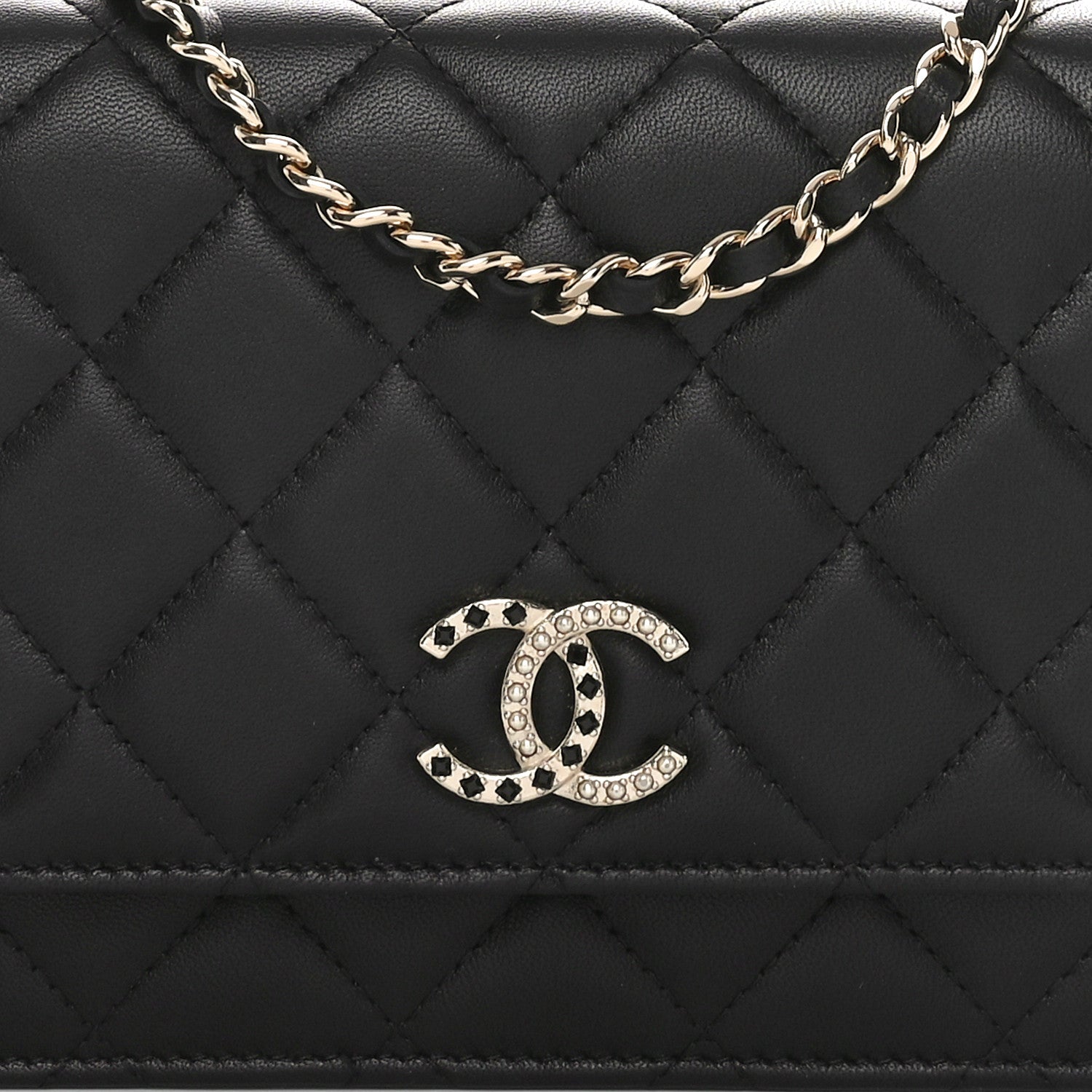 Chanel Lambskin Pearl Strass Quilted CC Wallet on Chain WOC Black 9 of 12