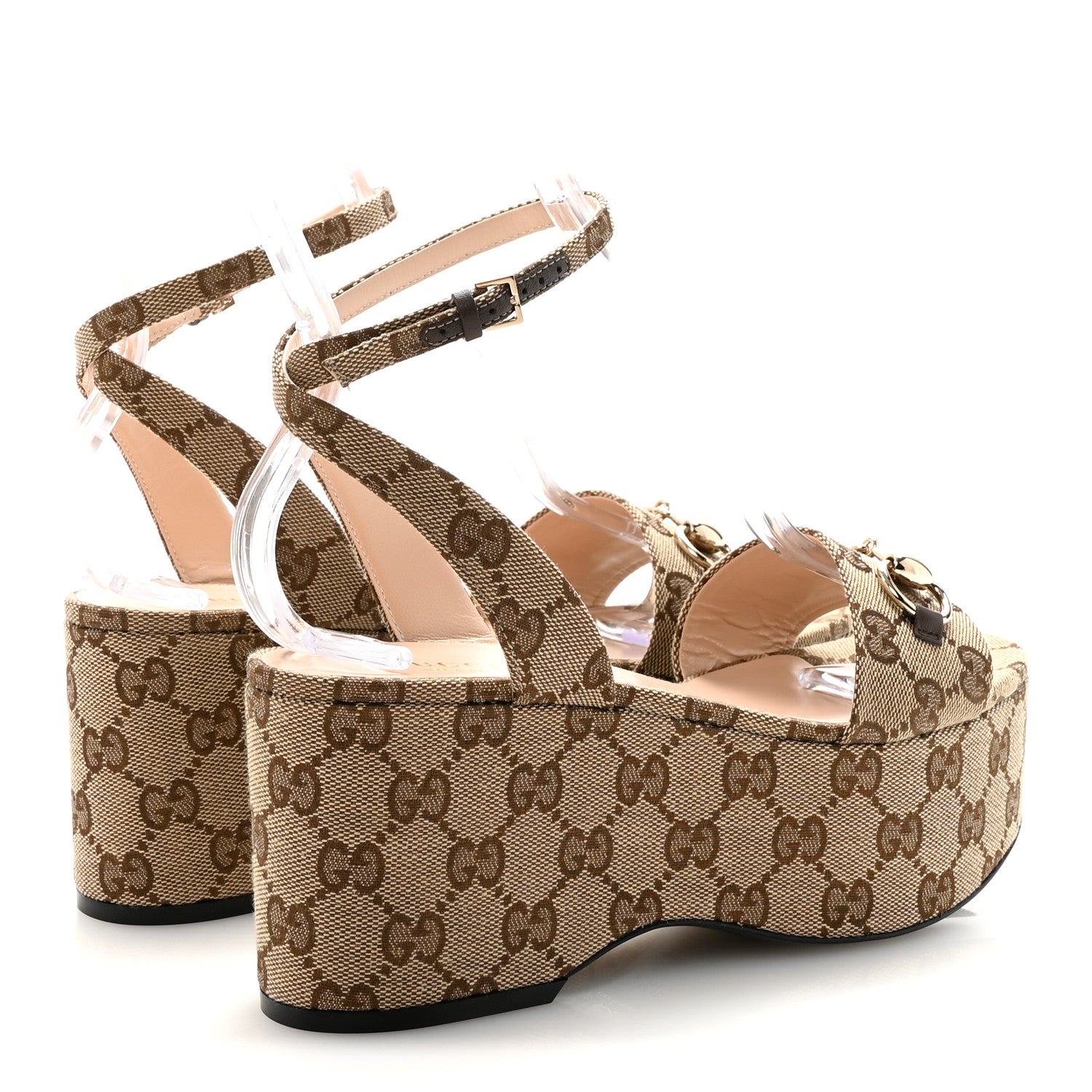 Gucci Monogram Nappa Chalotte Horsebit Ankle Strap 75mm Flatform Sandals 37.5 Beige Ebony 5 of 9