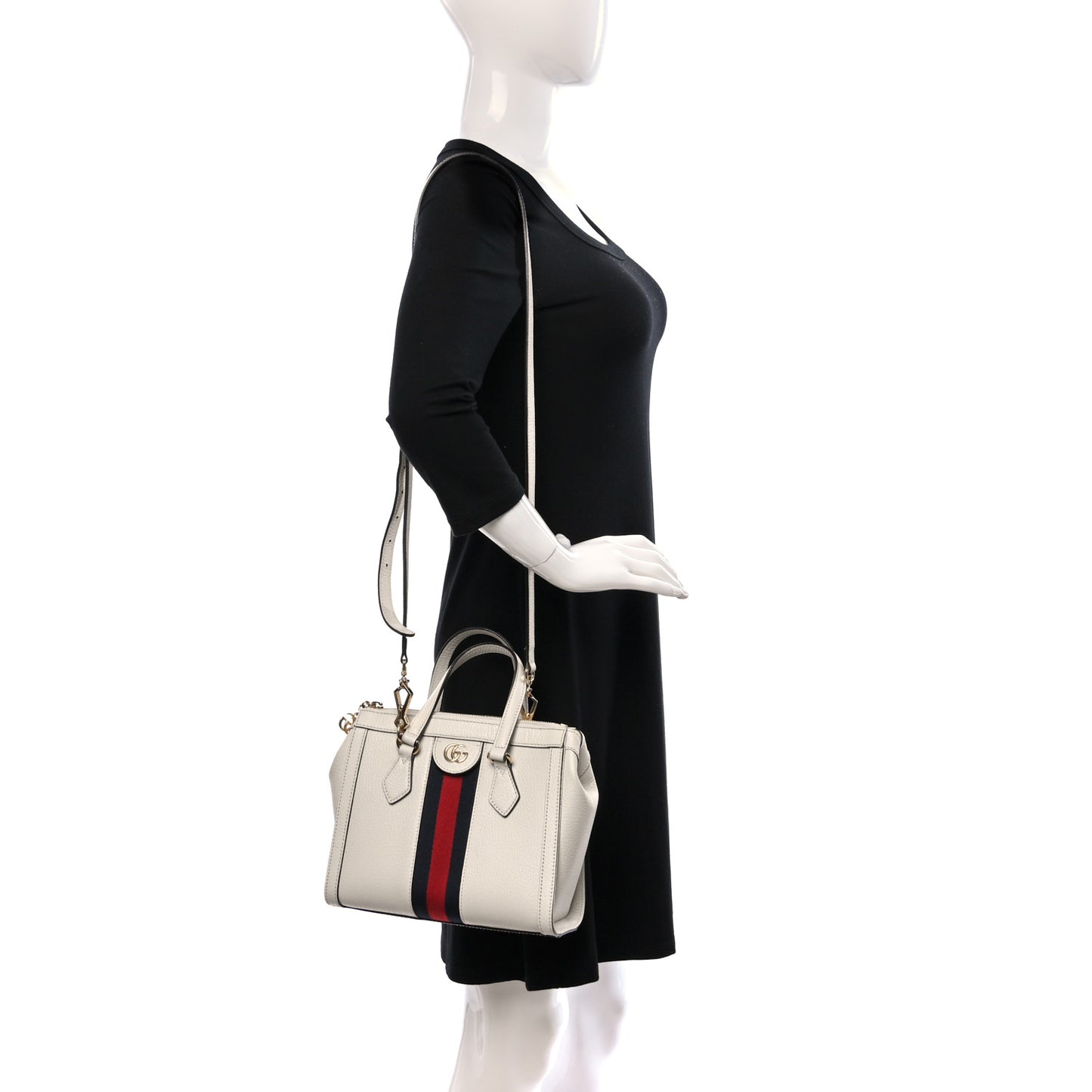 Textured Calfskin Web Small Ophidia Tote Bag Mystic White
