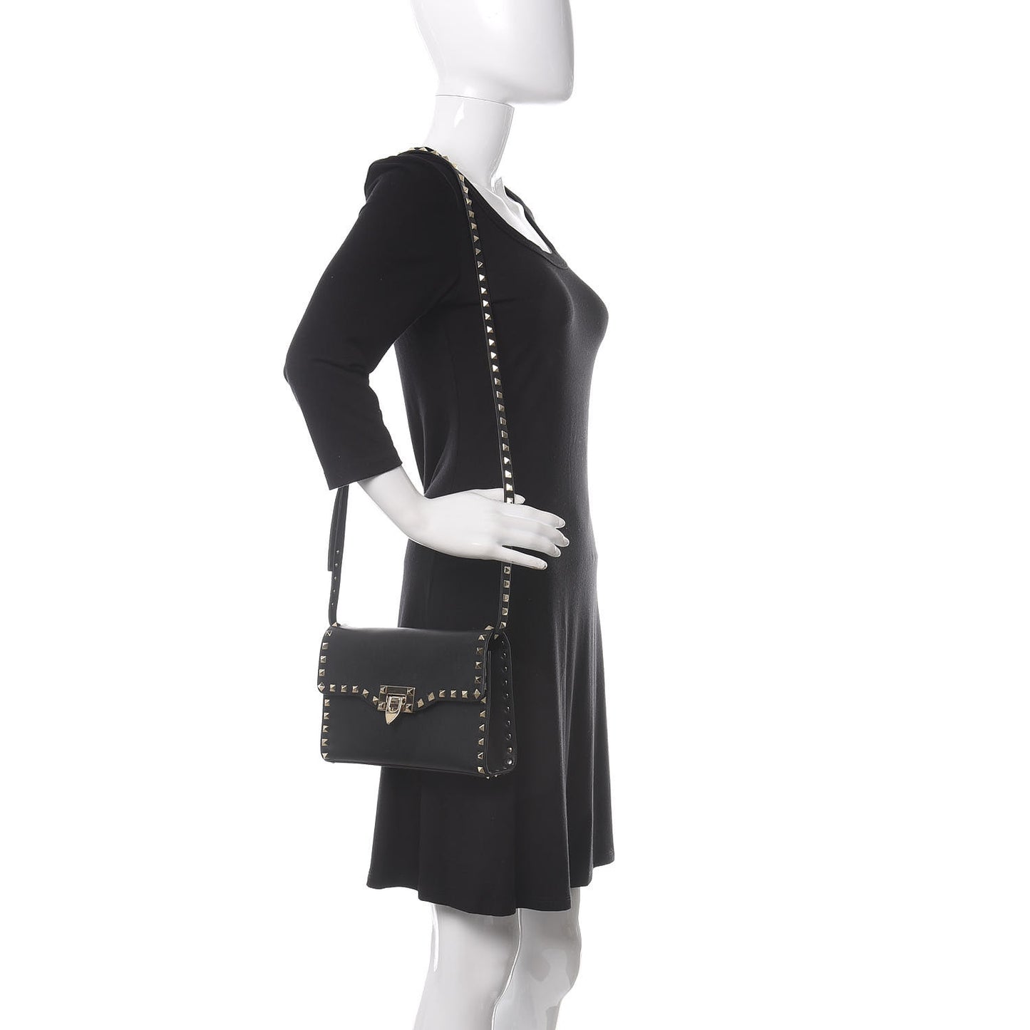 Vitello Medium Rockstud Flip Lock Crossbody Bag Black