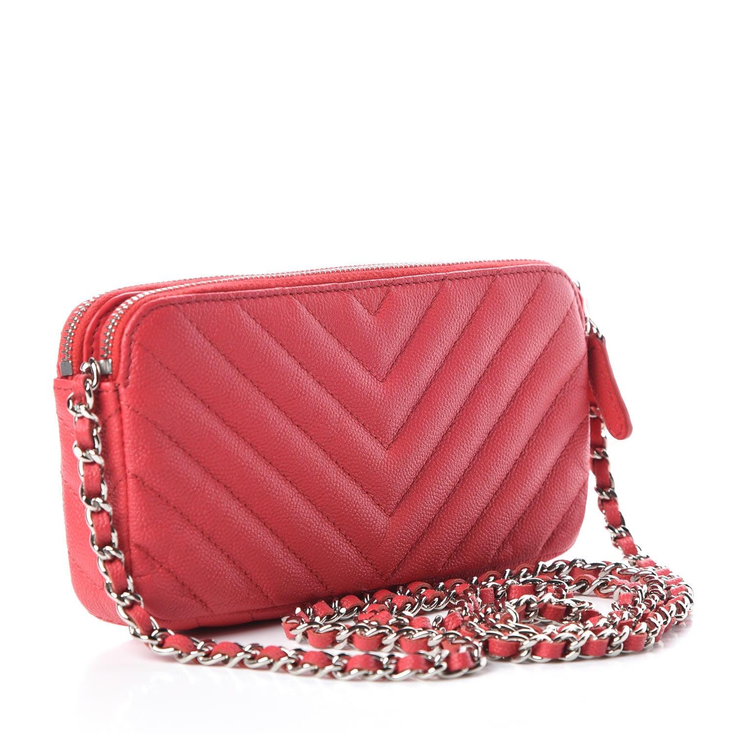 Chanel Caviar Chevron Quilted Small Clutch With Chain Light Red 3 of 12
