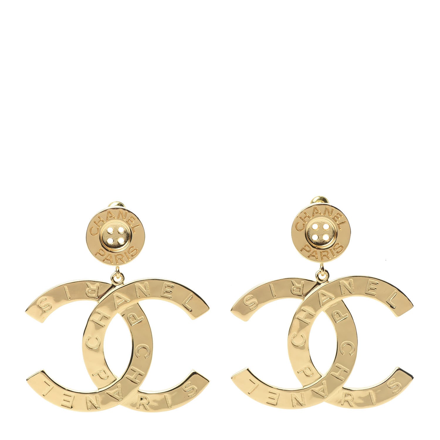 Chanel Metal Large Paris Button Earrings Gold 1 of 5