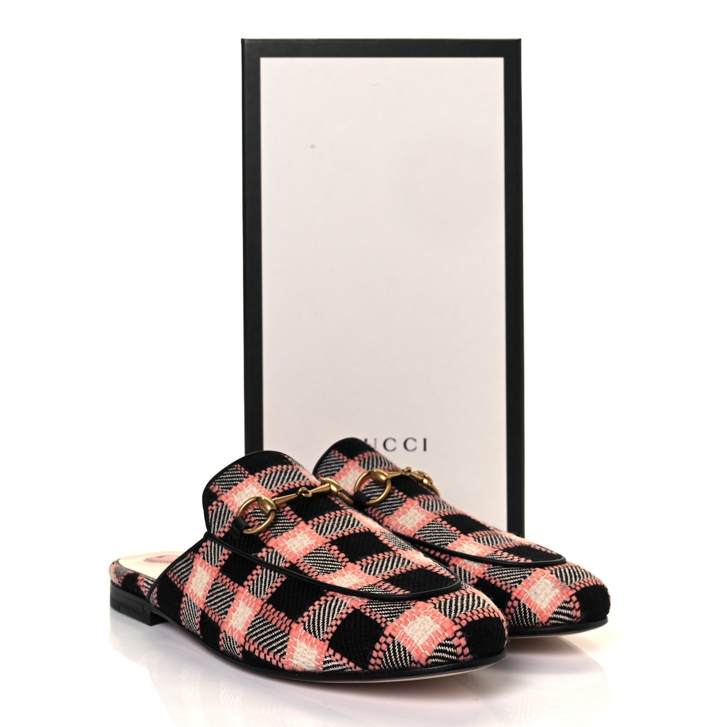 Tweed Calfskin Damier Womens Princetown Slippers 38 Black Pink Multicolor