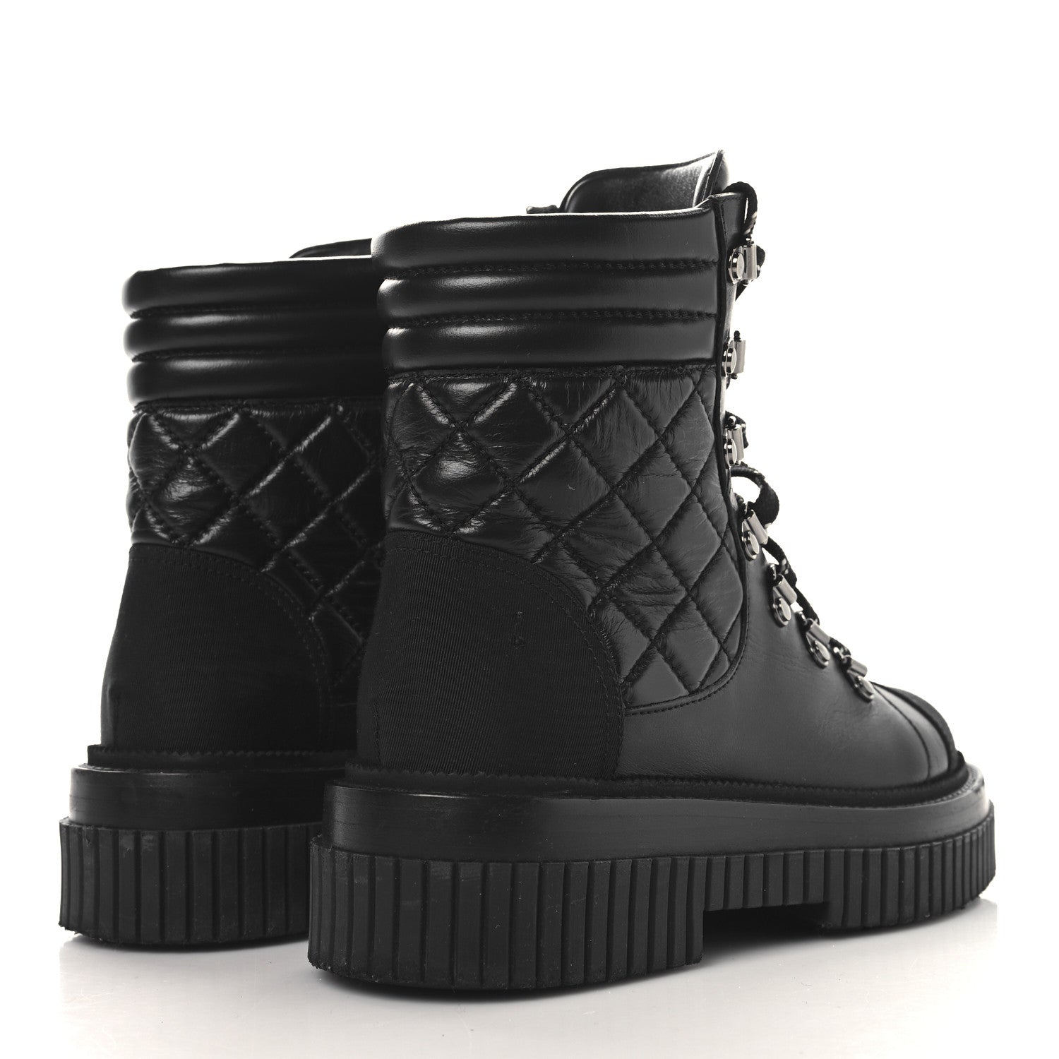 Chanel Calfskin Grosgrain Quilted Lace Up Boots 35 Black Grey 5 of 9