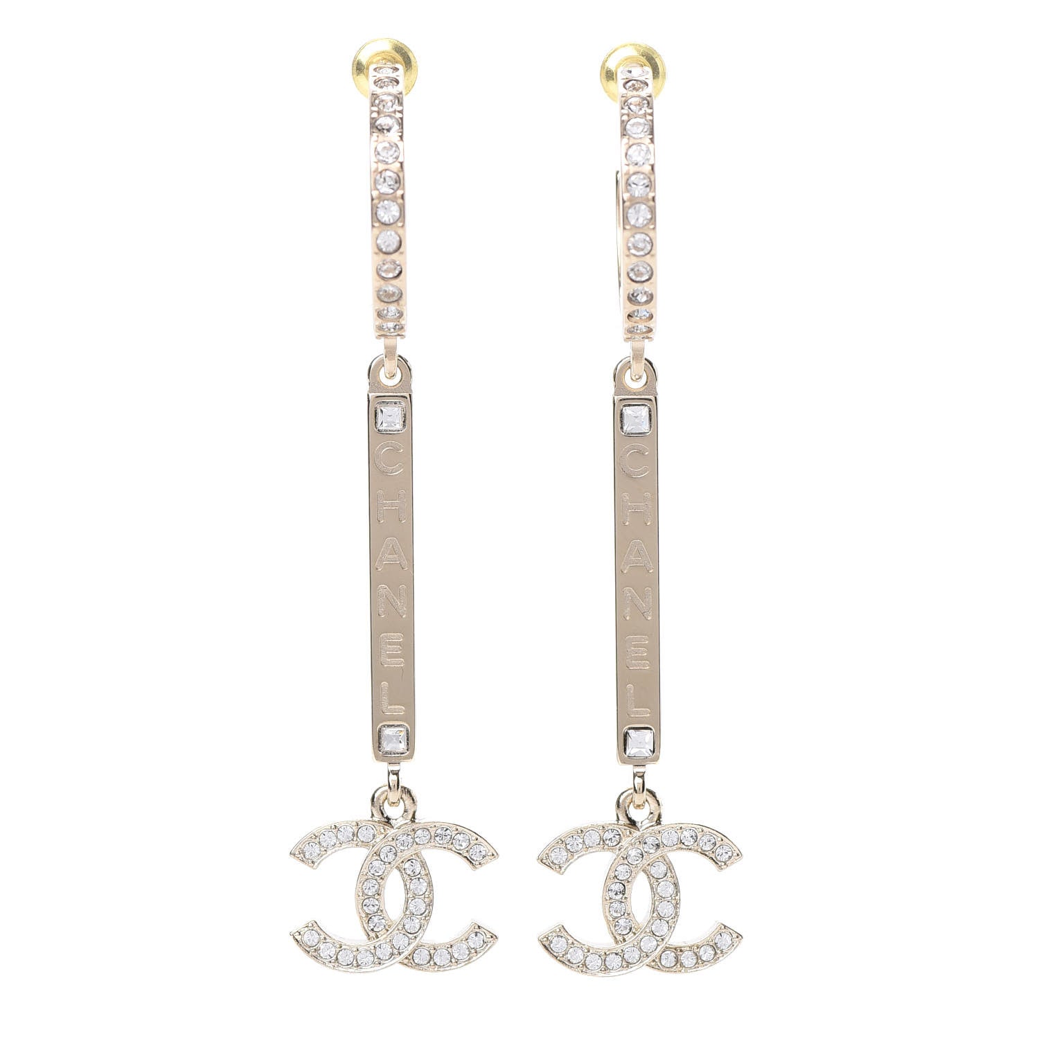 Chanel Crystal Lock Symbols Logo CC Hoop Drop Earrings Gold 1 of 5