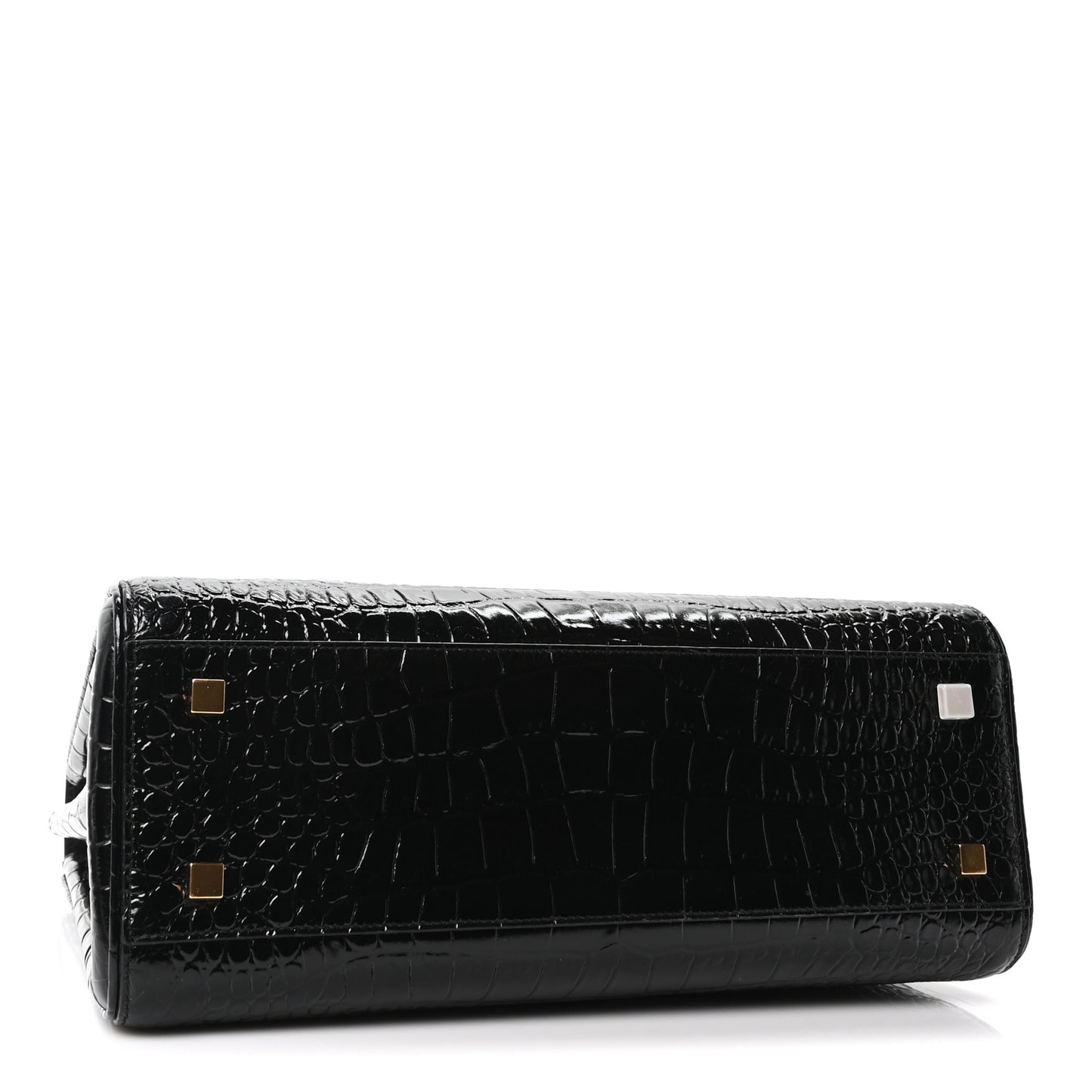 Shiny Calfskin Crocodile Embossed Le Fermoir Top Handle Bag Black