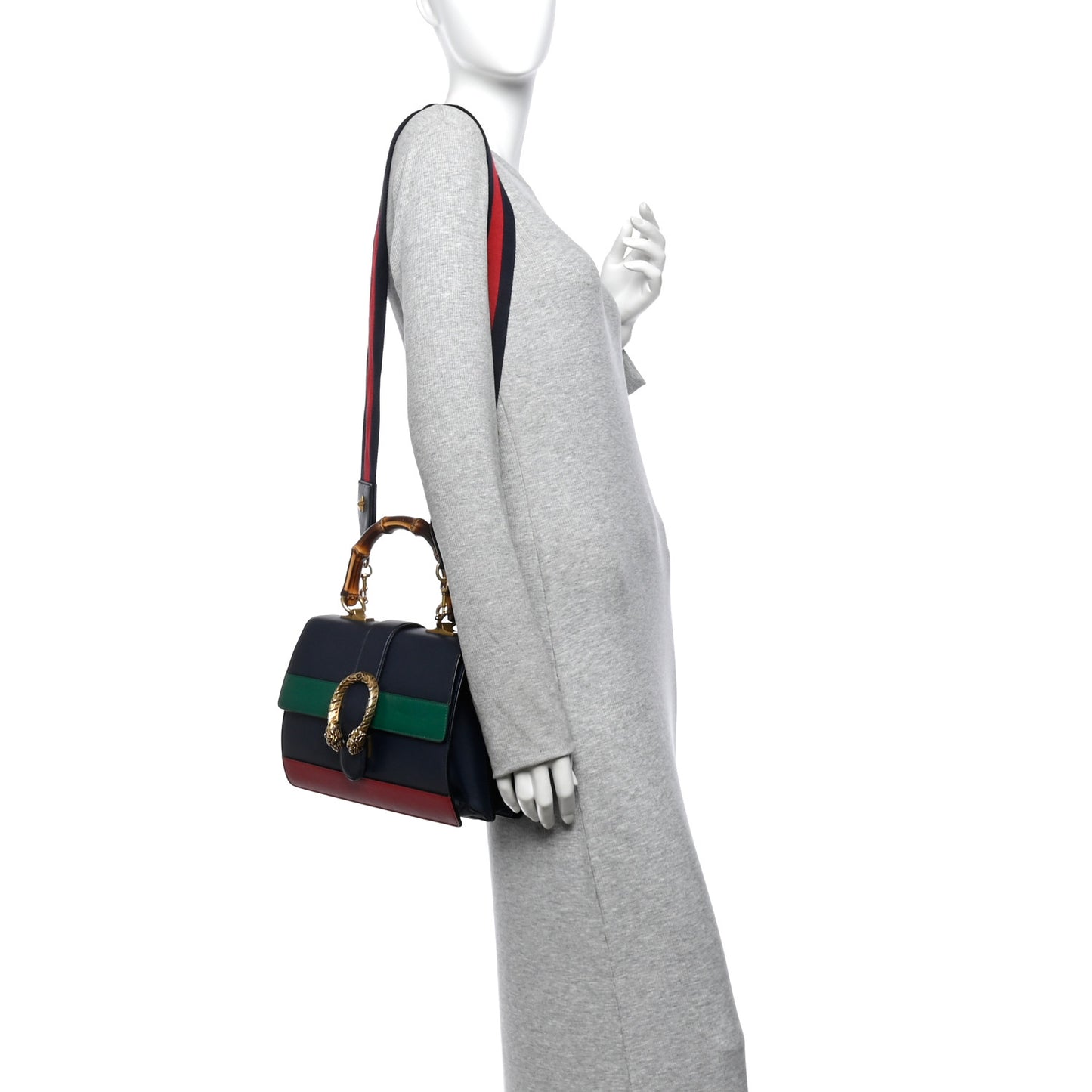 Moon Calfskin Bamboo Web Medium Dionysus Top Handle Bag Blue Emerald Hibiscus Red