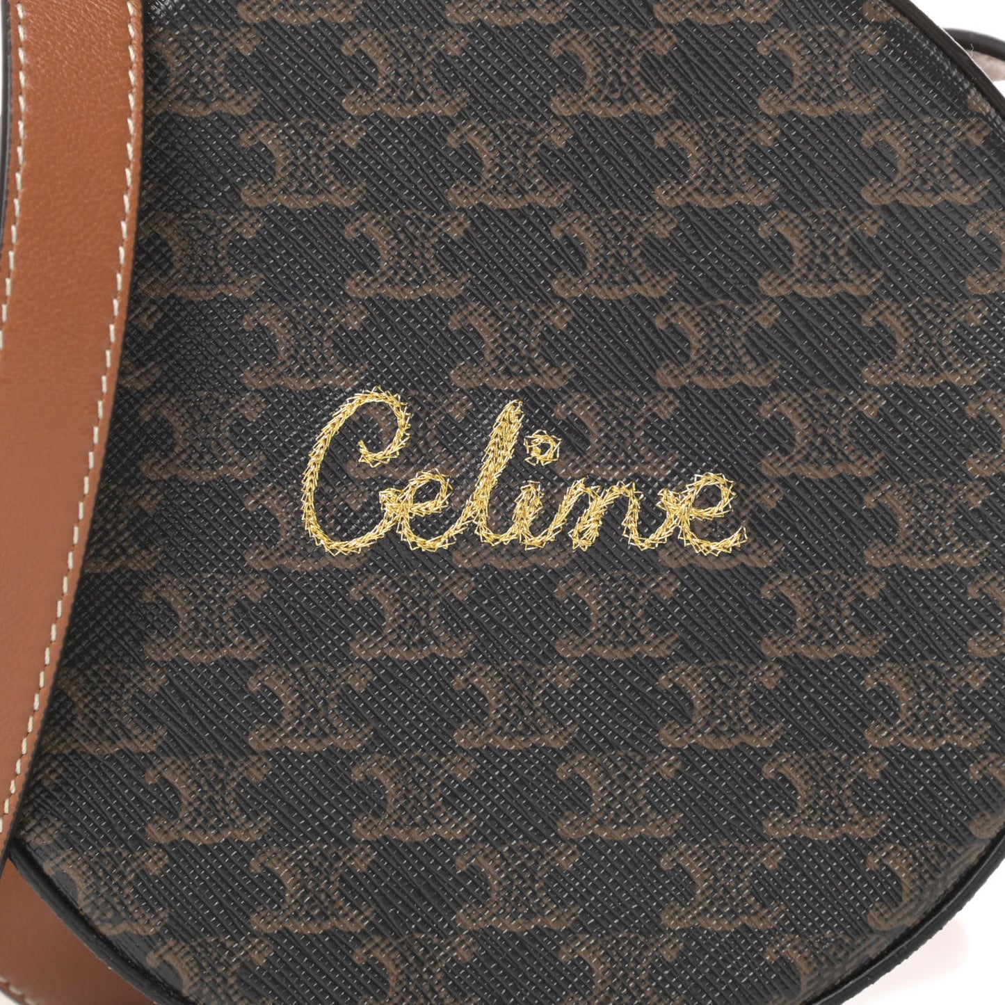 Triomphe Canvas Embroidered Logo Round Purse On Strap Black Tan