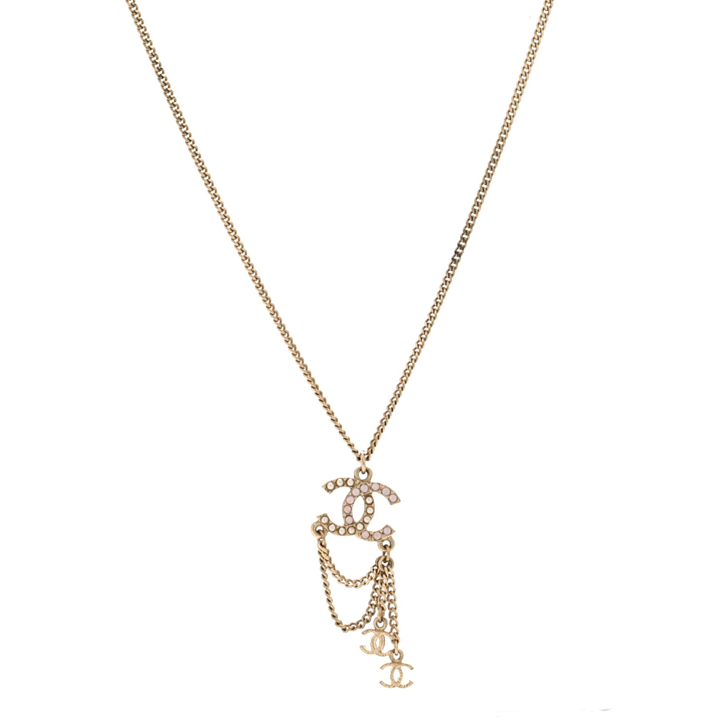 Chanel Pearl Crystal CC Chain Necklace Gold Pink 1 of 6