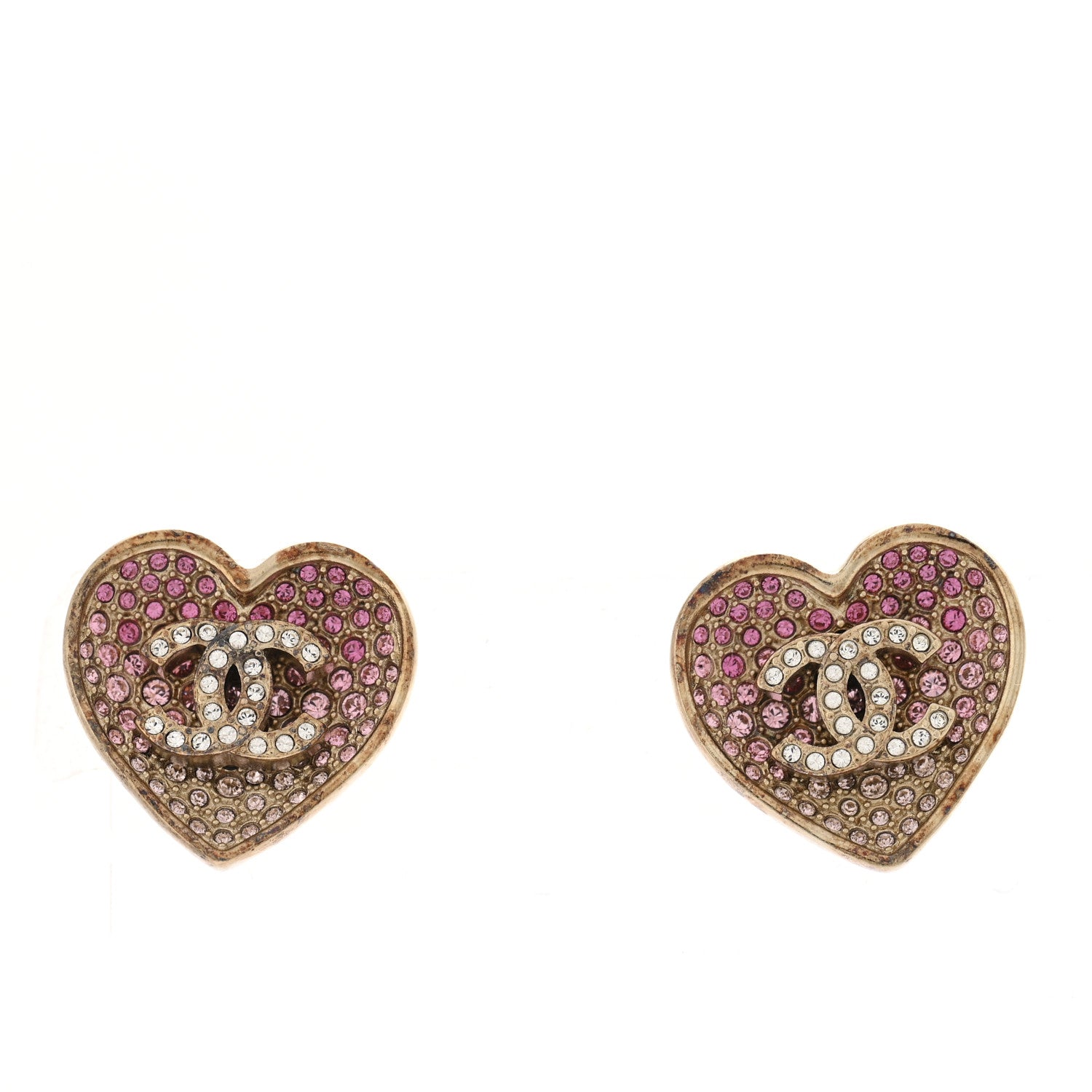 Chanel Resin Crystal CC Heart Earrings Gold Pink 4 of 7