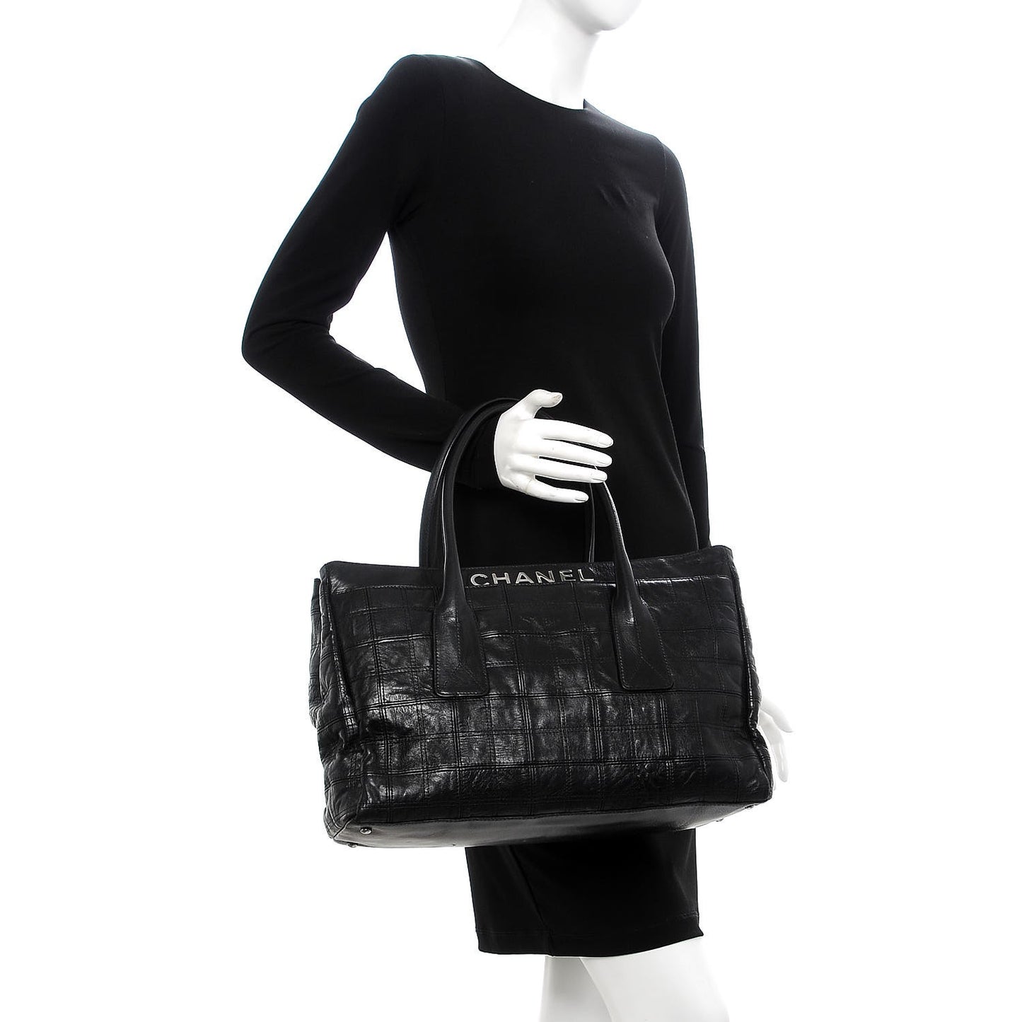 Lambskin Square Stitched Lax Shopping Tote Black
