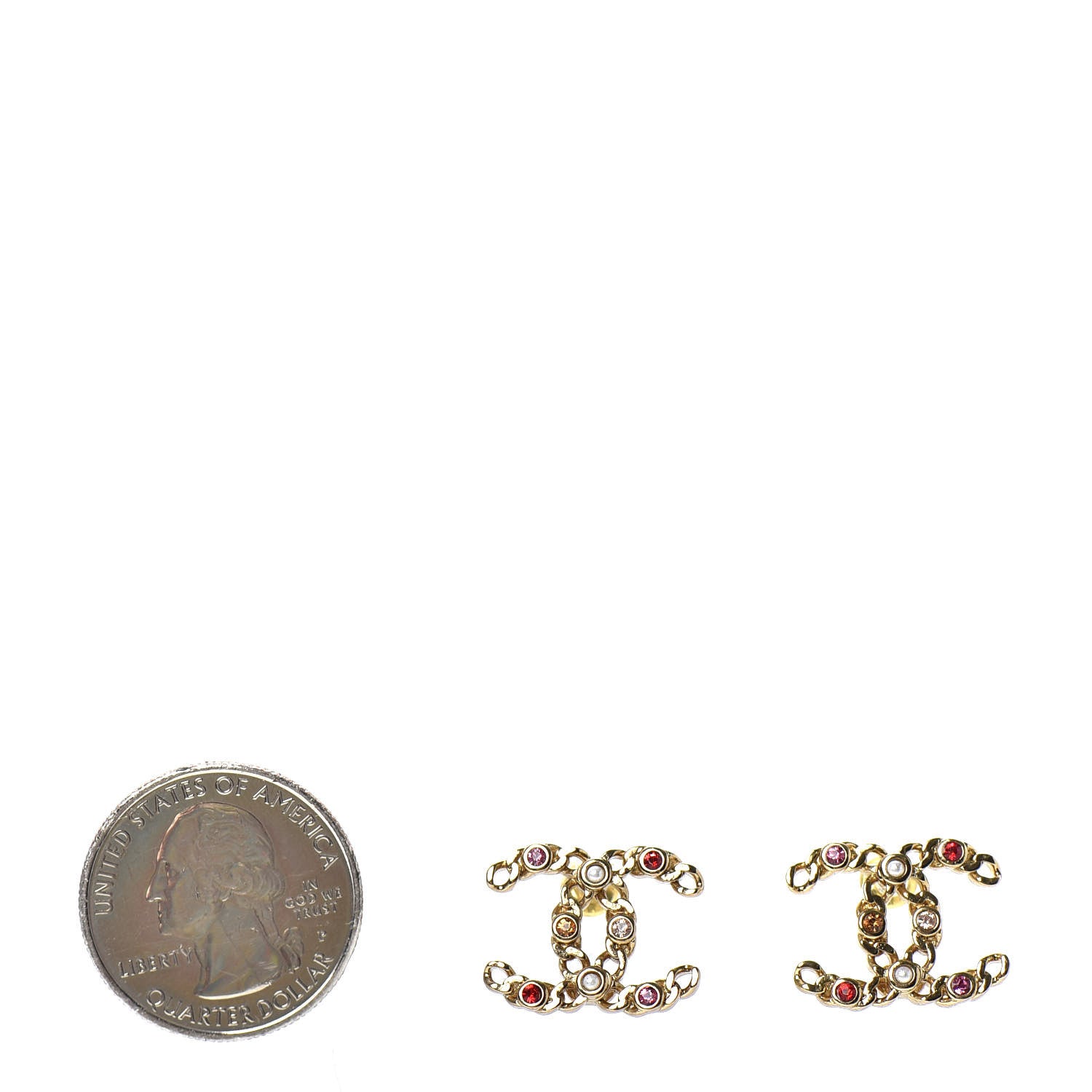 Chanel Pearl Crystal Chain Link CC Earrings Gold Red Pink Yellow 2 of 4