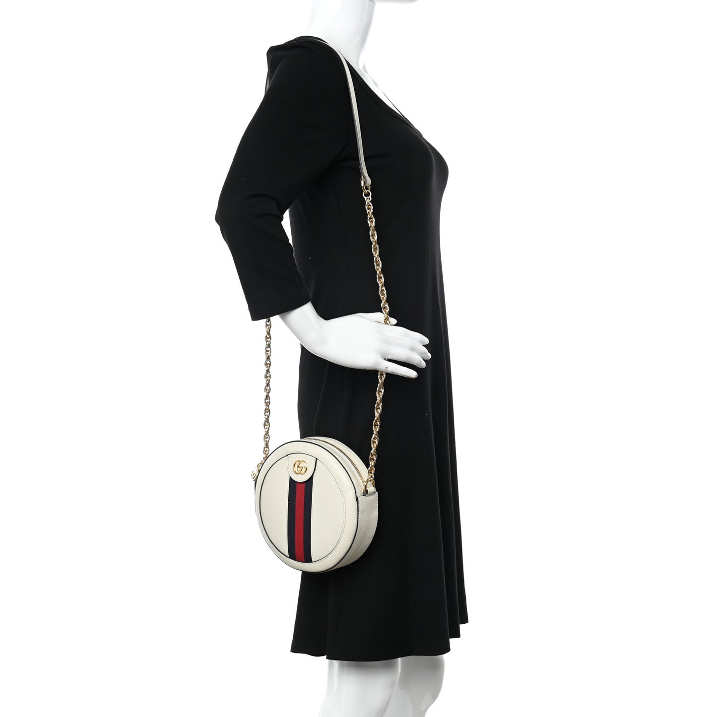 Textured Calfskin Web Mini Ophidia Round Shoulder Bag Mystic White