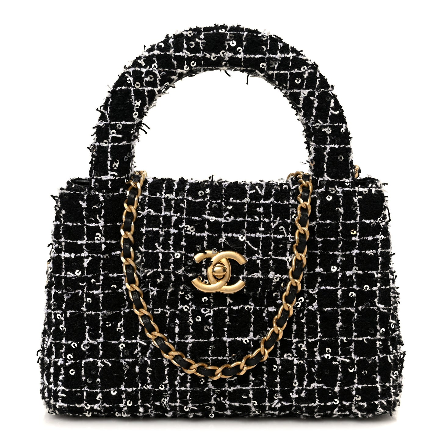 Tweed Quilted Nano Kelly Shopper Black White