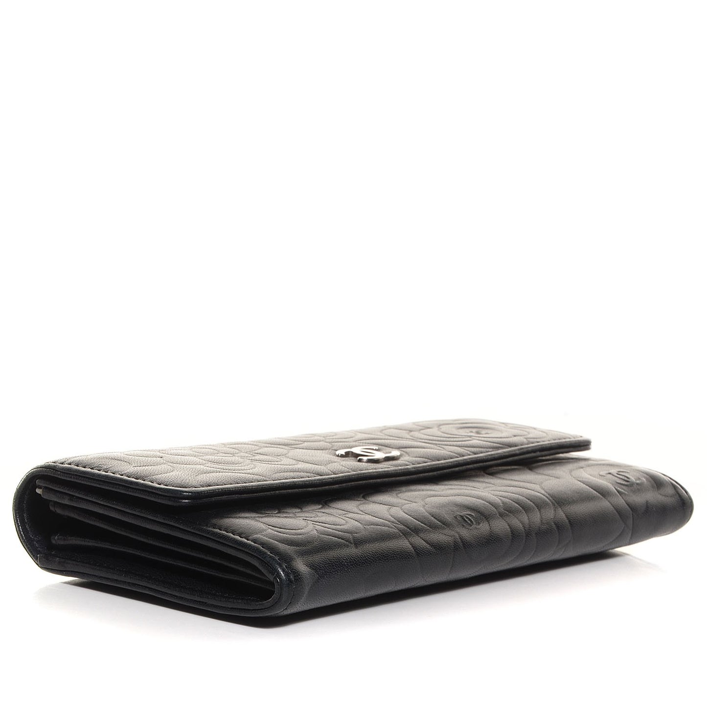 Lambskin Camellia Embossed Large Gusset Flap Wallet Black