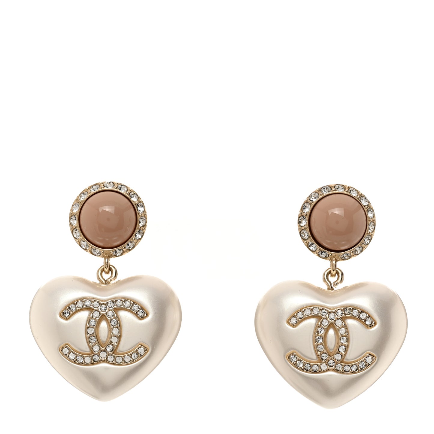 Pearl Resin Crystal CC Heart Drop Earrings Pink Gold