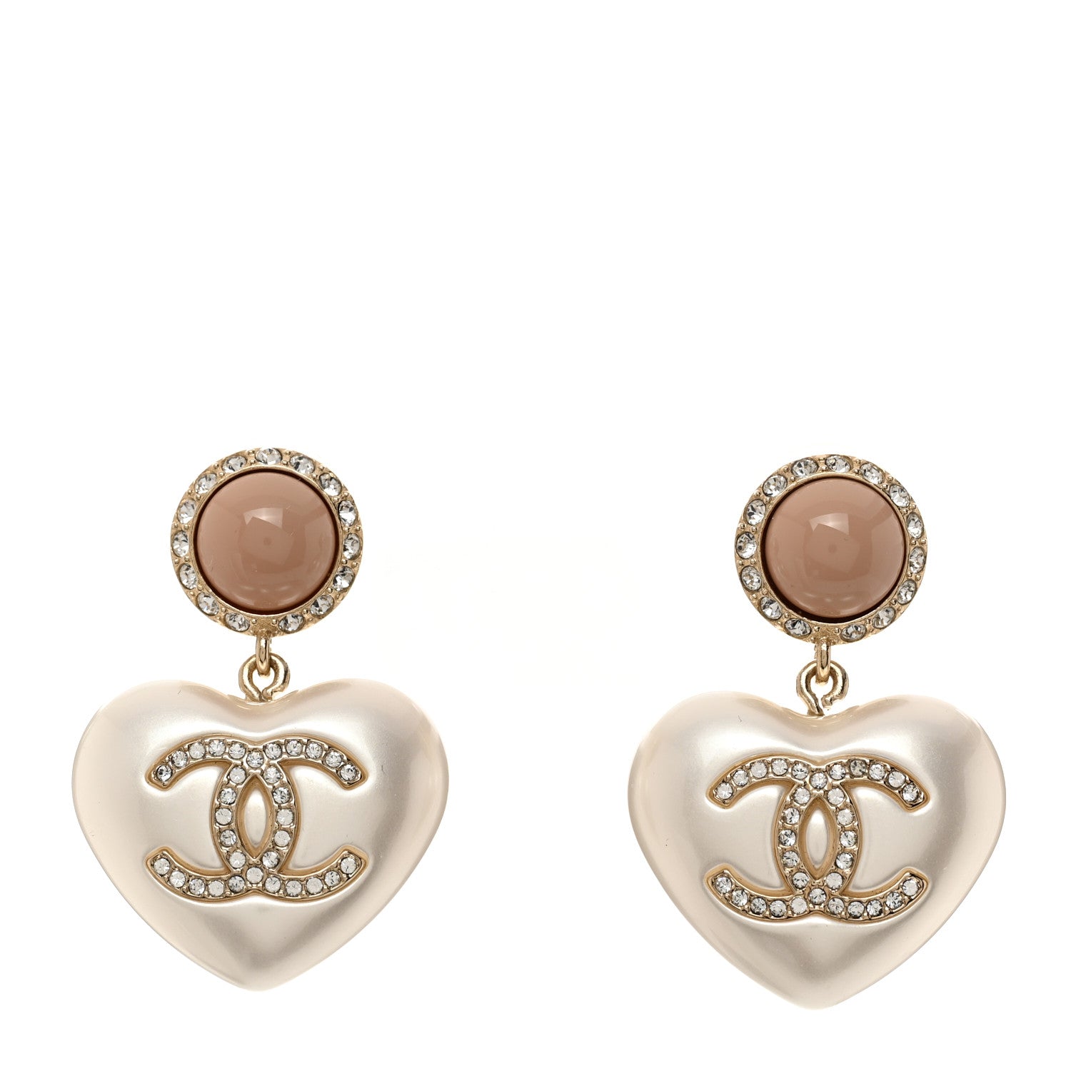 Chanel Pearl Resin Crystal CC Heart Drop Earrings Pink Gold 1 of 5