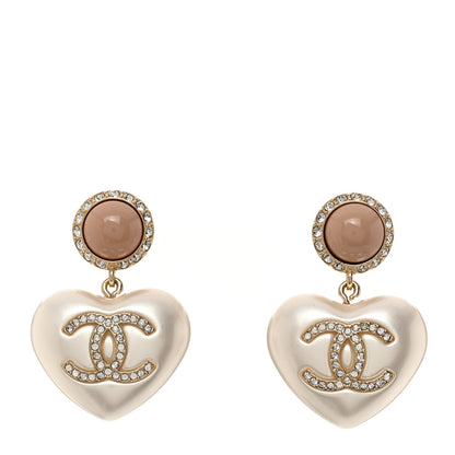 Chanel Pearl Resin Crystal CC Heart Drop Earrings Pink Gold 1 of 5