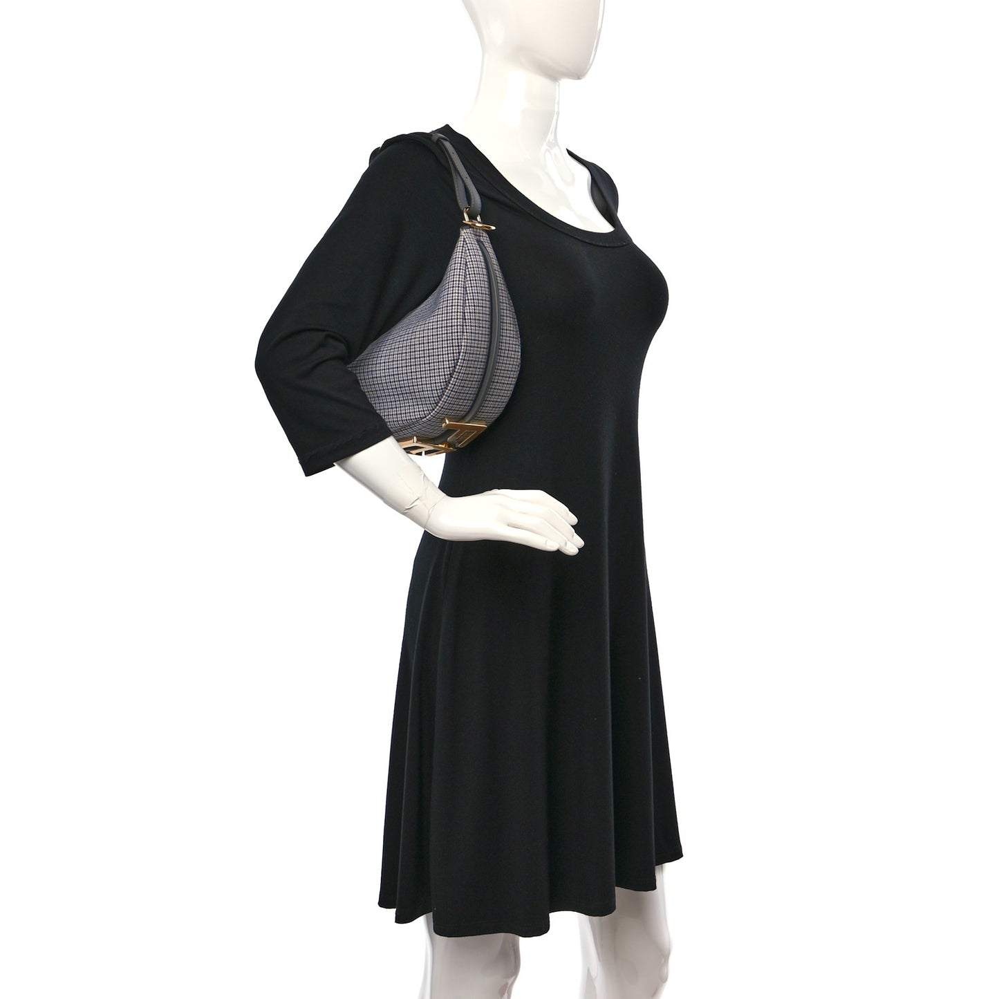 Wool Vitello Grace Small Houndstooth Small Fendigraphy Hobo Bag Grigio Anthracite
