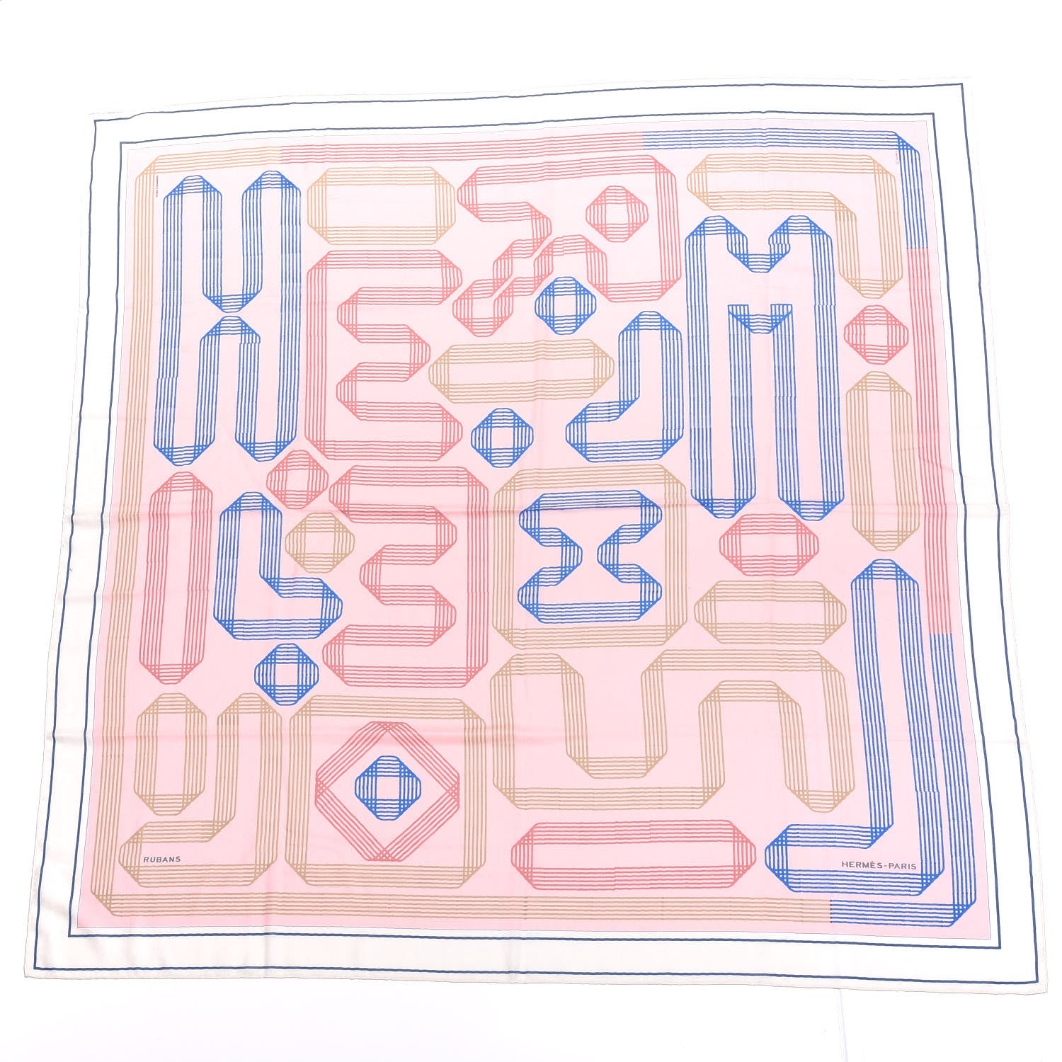 Hermes Cashmere Silk Rubans D'Hermes Shawl 140 Blanc Rose Pale Bleu 1 of 5
