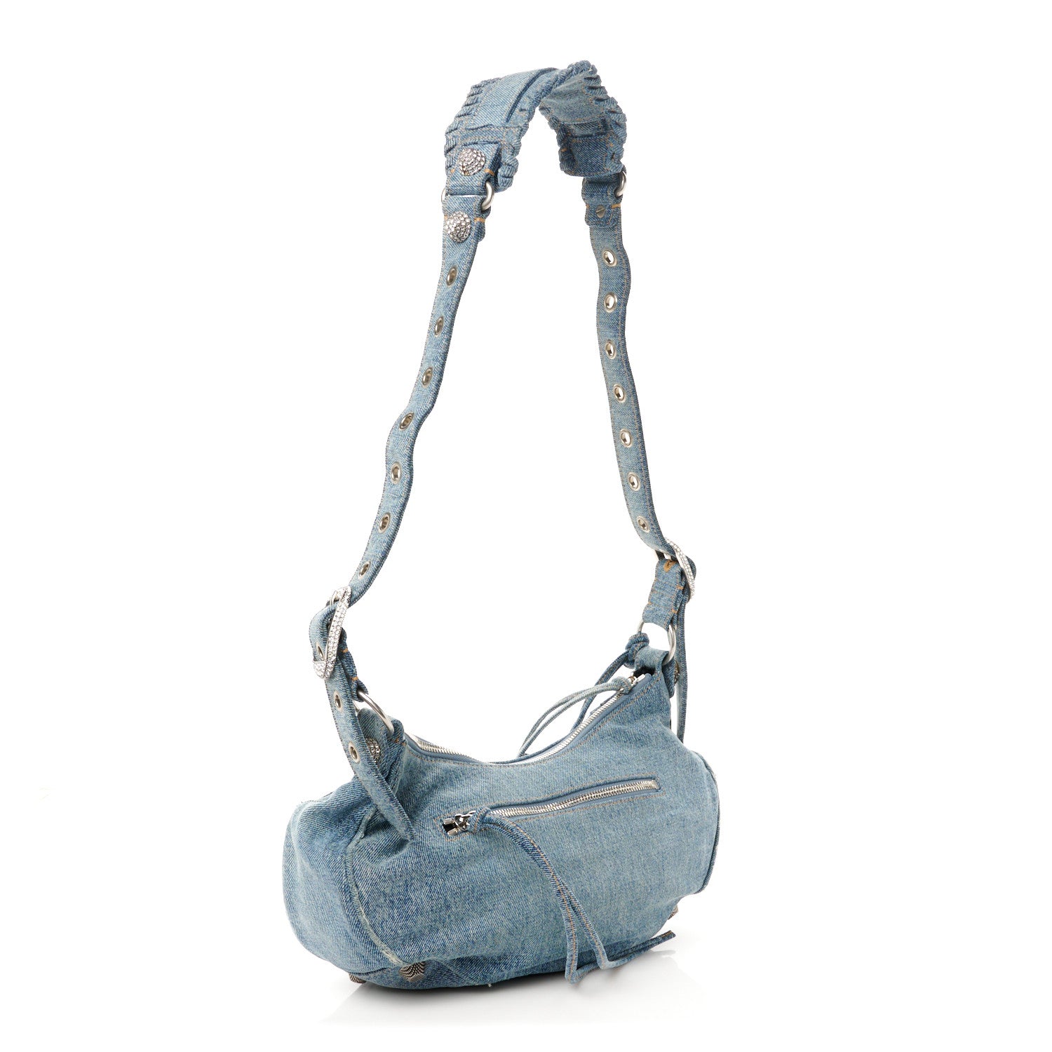 Balenciaga Washed Frayed Denim Crystal Small Le Cagole Shoulder Bag Blue 3 of 13