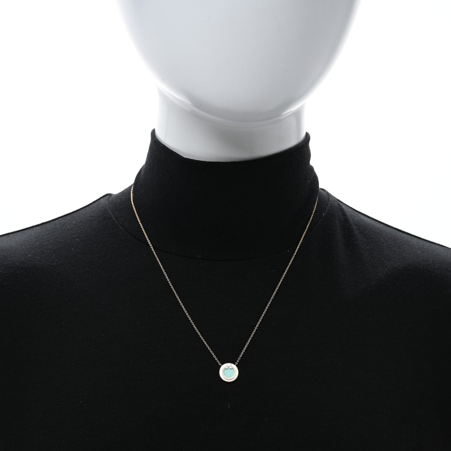 18K Rose Gold Diamond Turquoise Small T Circle Pendant Necklace