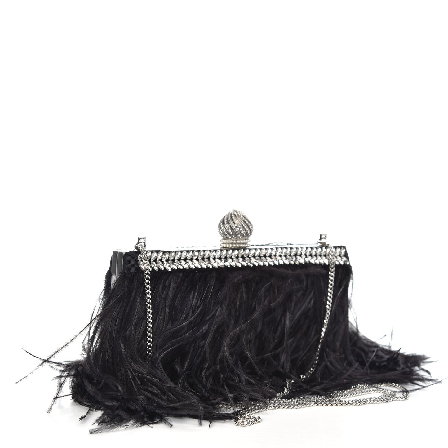 Satin Feather Crystal Embellished Celeste Clutch Black