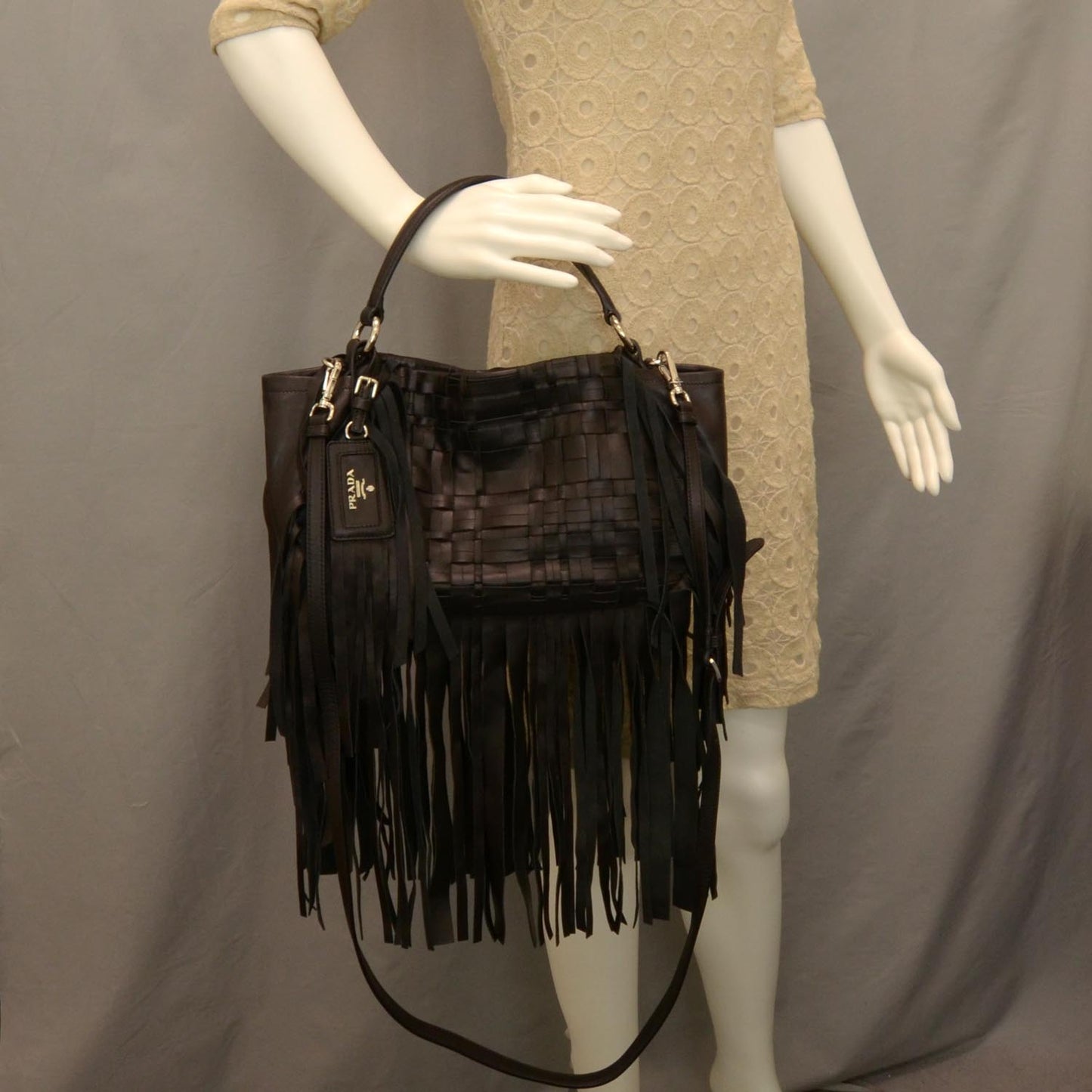 Nappa Woven Fringe Tote Black