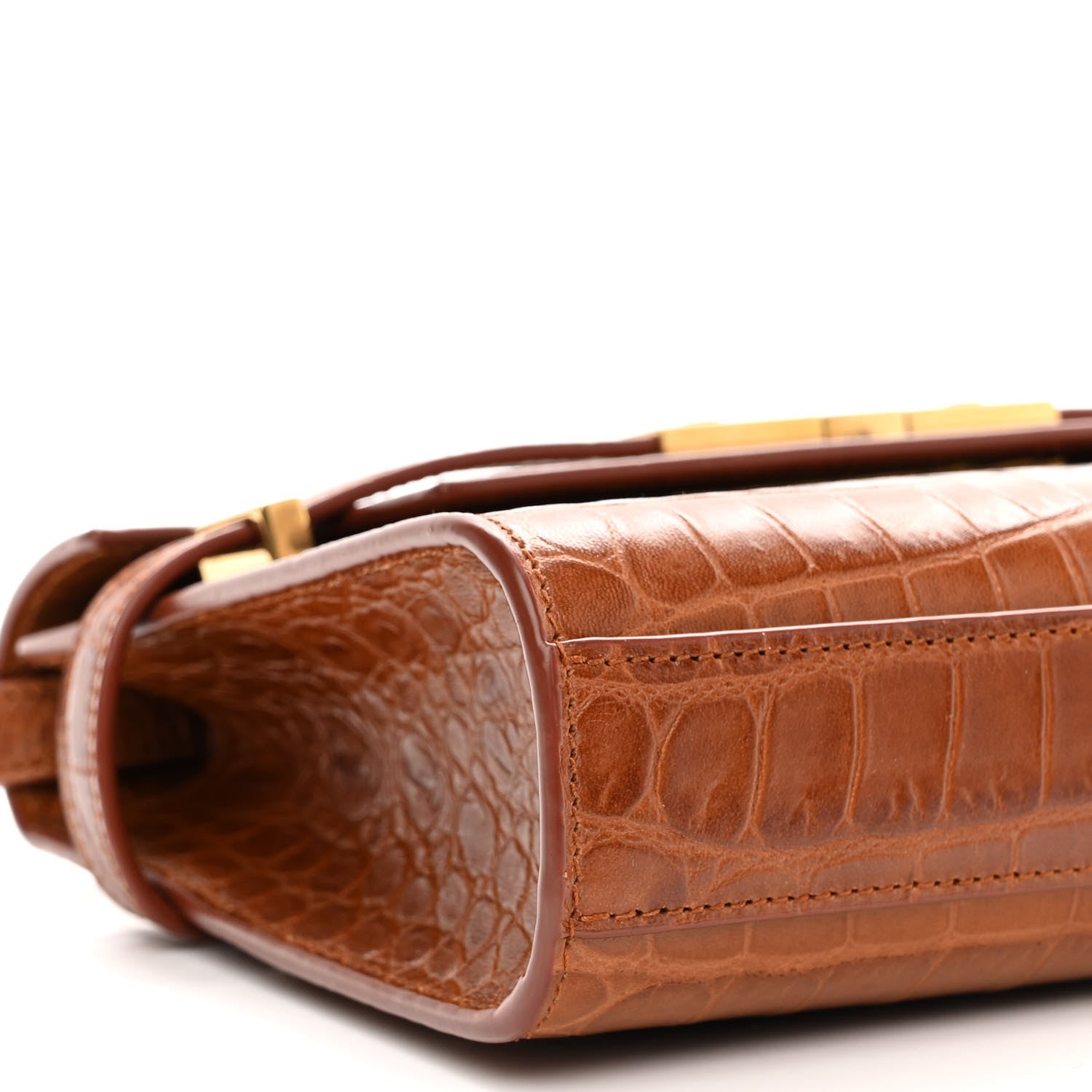 Saint Laurent Shiny Calfskin Crocodile Embossed Small Manhattan Baguette Dark Caramel 7 of 9