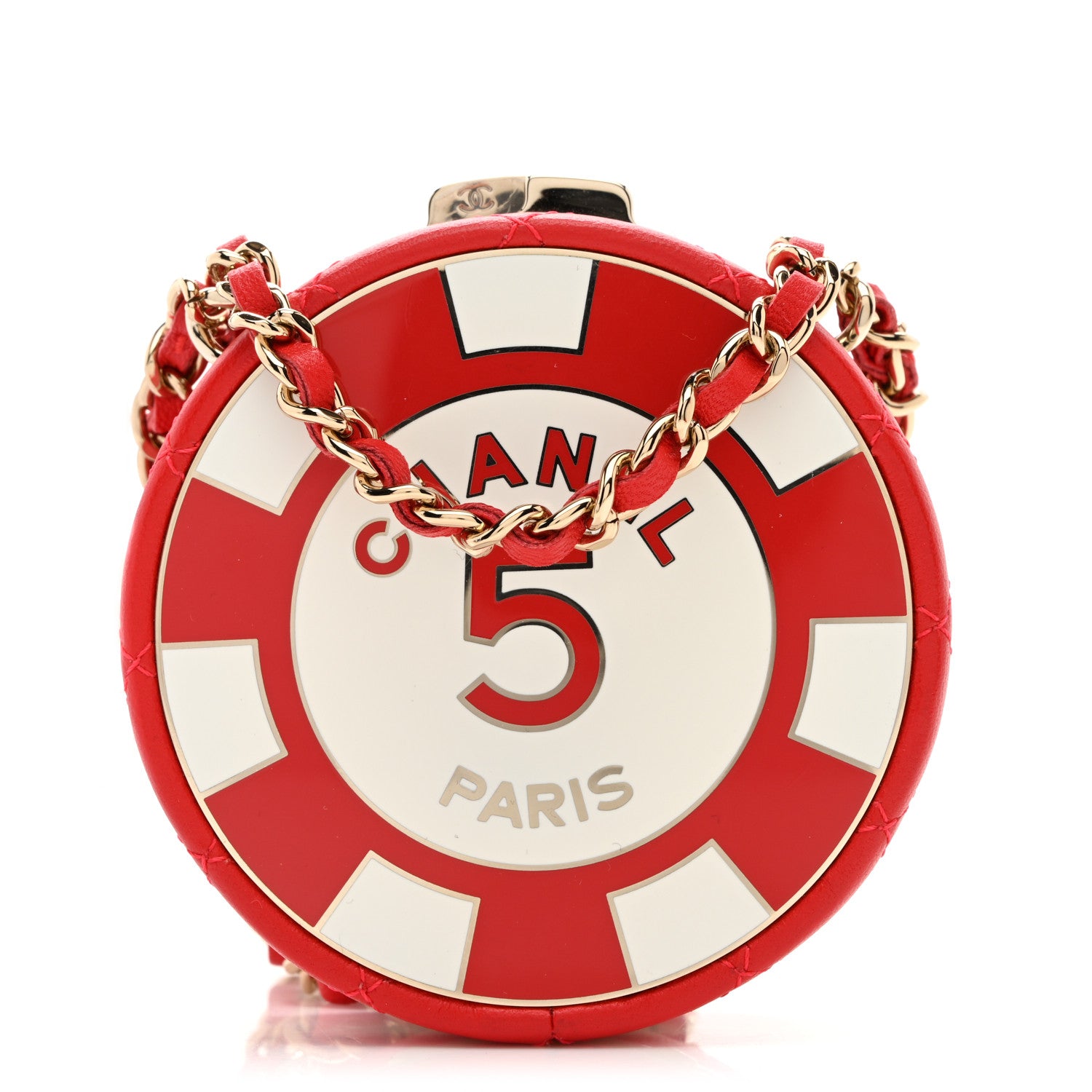 Chanel Lambskin Enamel Quilted Round Poker Chip Clutch With Chain Red White 1 of 10