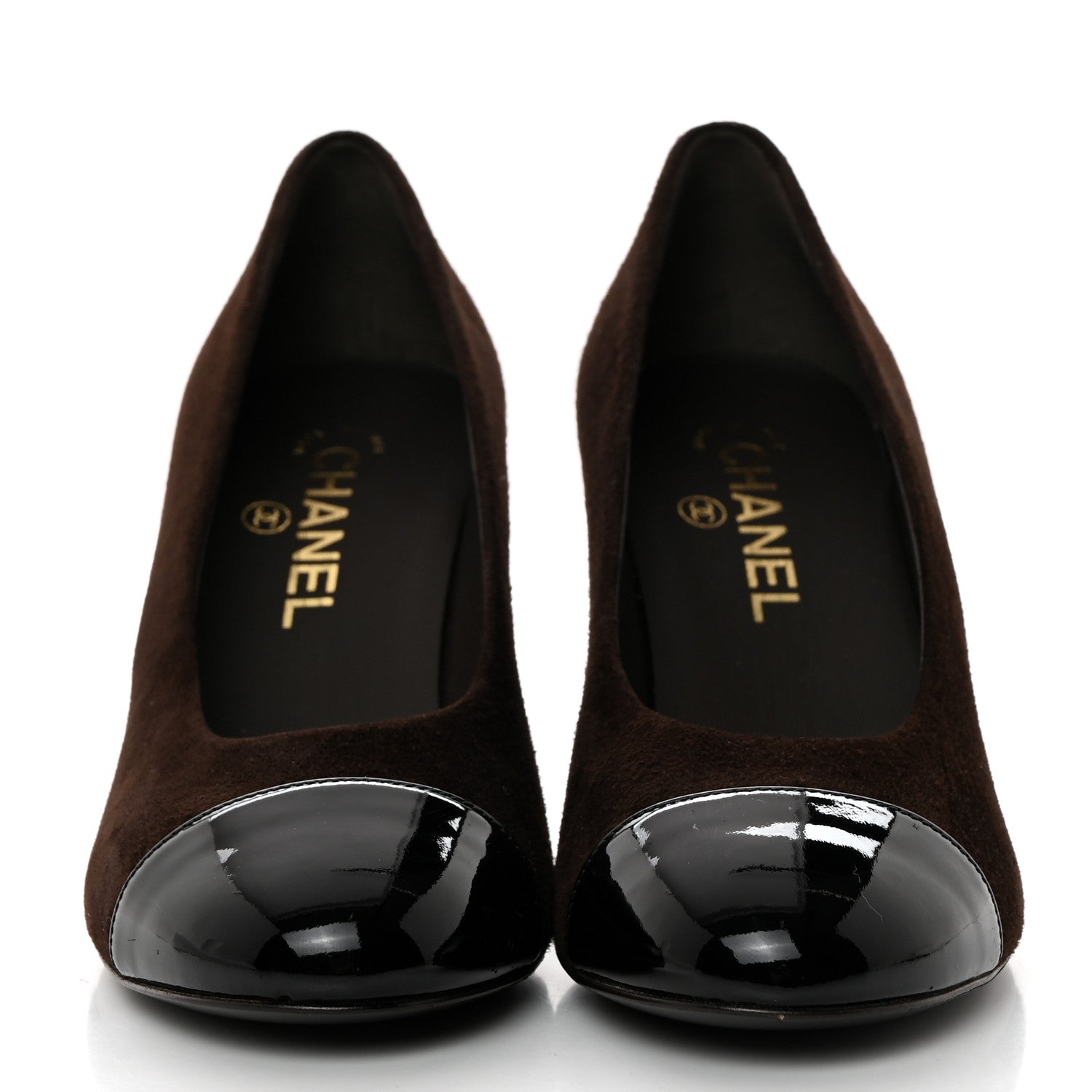 Chanel Kid Suede Patent Calfskin Cap Toe CC Pumps 38 Brown Black 2 of 9