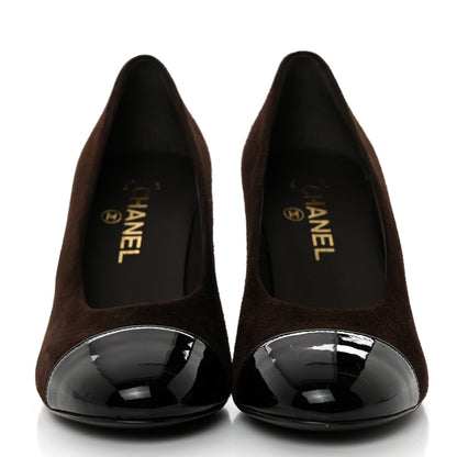 Chanel Kid Suede Patent Calfskin Cap Toe CC Pumps 38 Brown Black 2 of 9