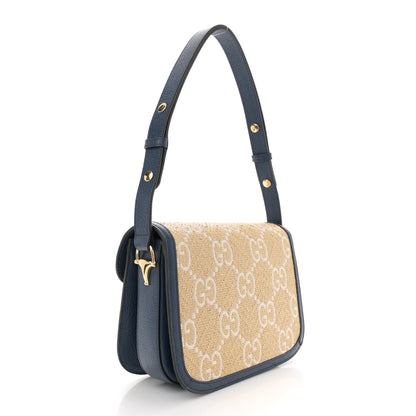 Gucci Raffia Textured Dollar Calfskin GG Monogram Horsebit 1955 Shoulder Bag Natural Mystic White Blue Agata 2 of 10