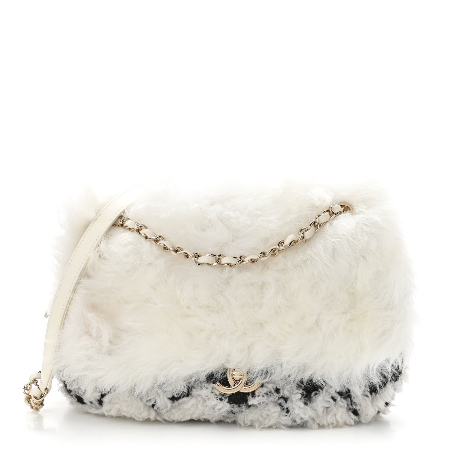 Chanel Wool Shearling Sheepskin Zip Around Flap Black Ecru 1 of 11