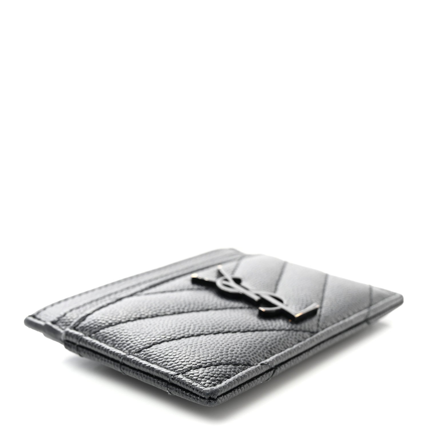 Saint Laurent Grain De Poudre Matelasse Chevron Monochrome Monogram Credit Card Case Black 4 of 12