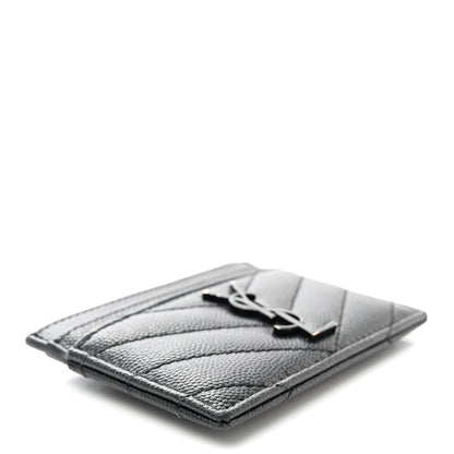 Saint Laurent Grain De Poudre Matelasse Chevron Monochrome Monogram Credit Card Case Black 4 of 12