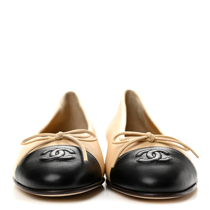 Chanel Lambskin Cap Toe CC Ballerina Flats 37 Beige Black 3 of 11